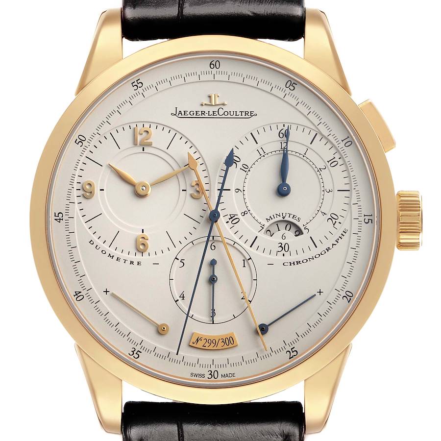 The Jaeger LeCoultre Duometre Q6011420 Men's Yellow Gold Beige Dial watch is shown from the front, featuring its intricate dial, gold case, and black strap.