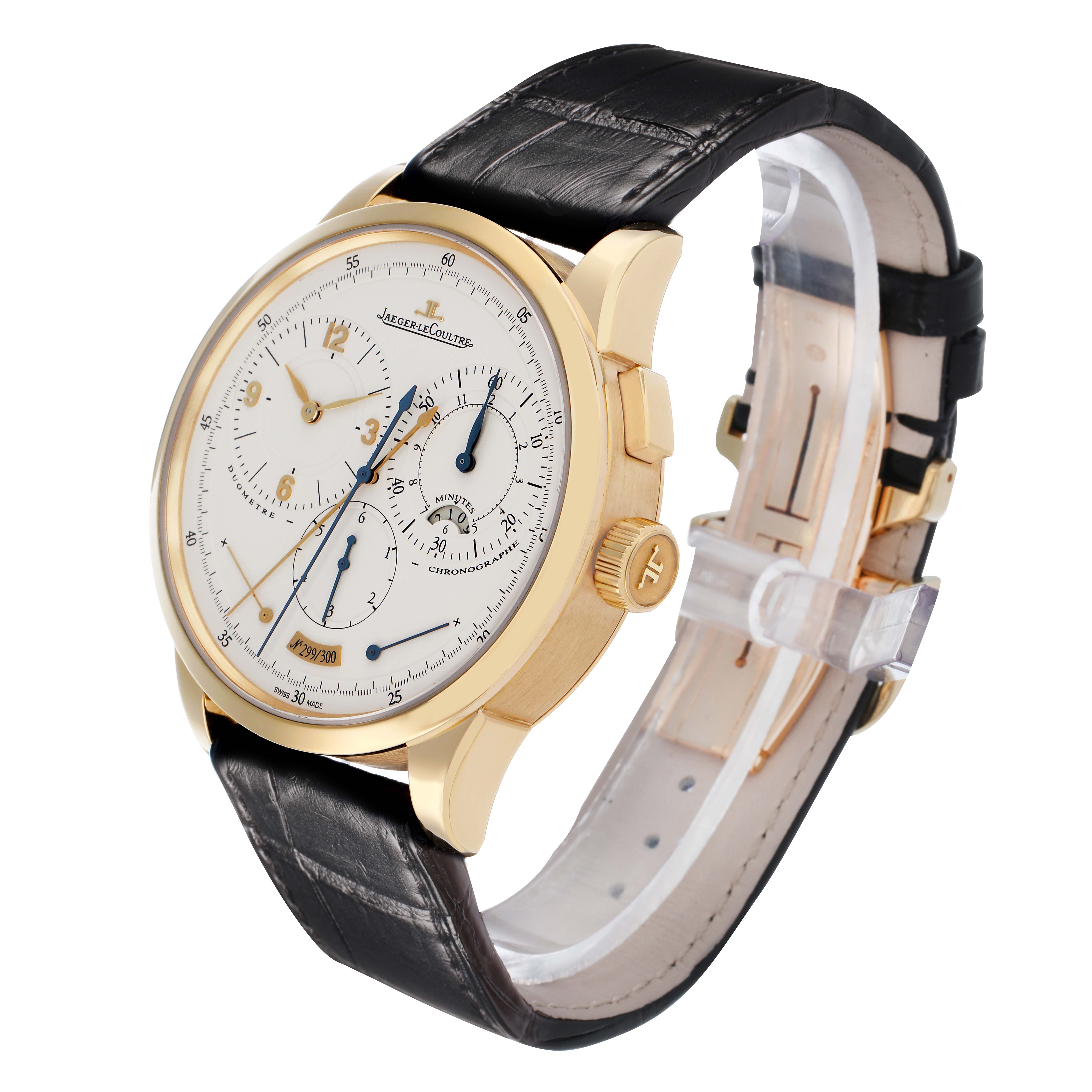 The Jaeger LeCoultre Duometre Q6011420 Men's Yellow Gold Beige Dial watch is shown at a three-quarter angle, highlighting the dial, case, crown, and leather strap.