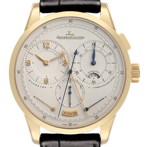 The Jaeger LeCoultre Duometre Q6011420 Men's Yellow Gold Beige Dial watch is shown from a front angle, highlighting its detailed dial and chronograph features.