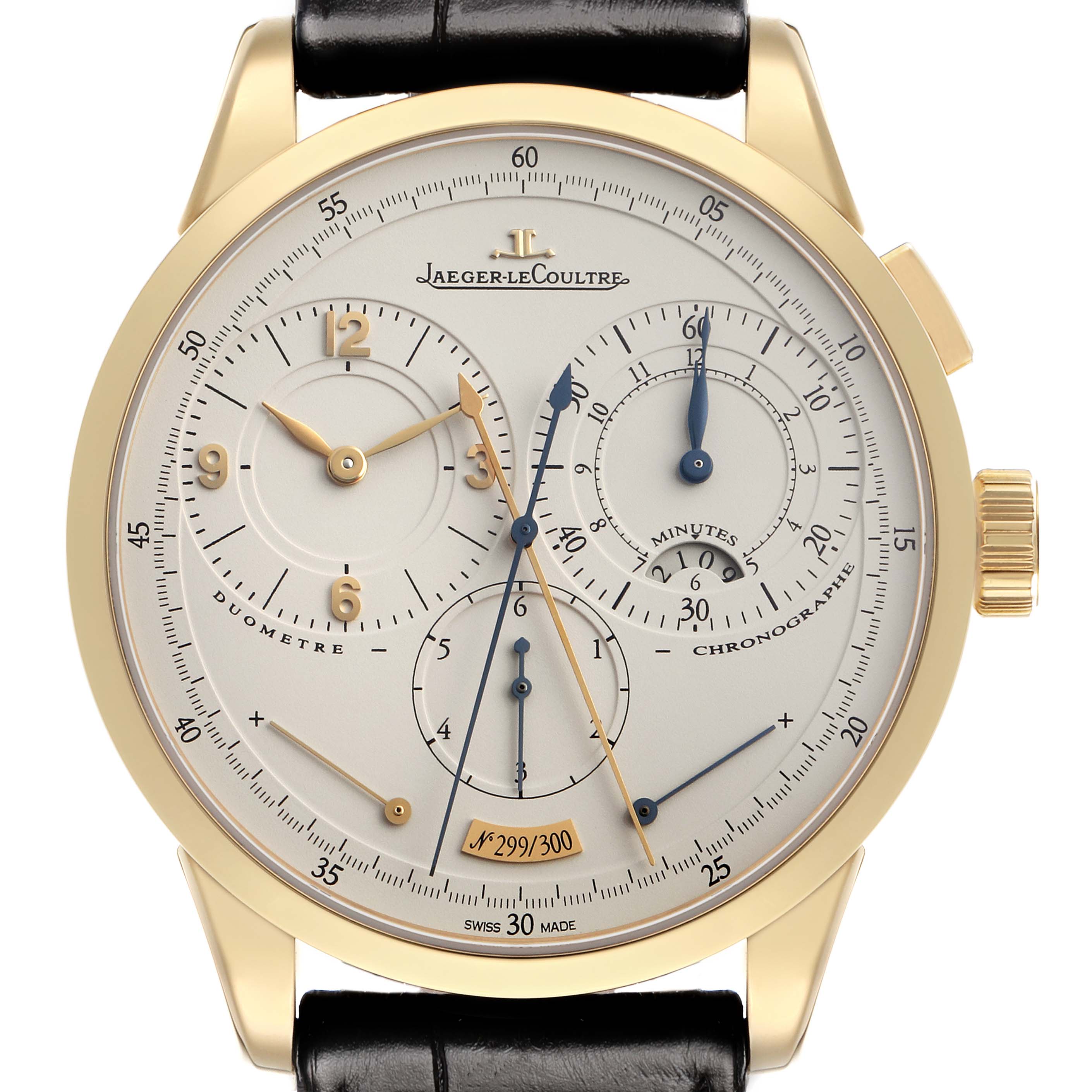 The Jaeger LeCoultre Duometre Q6011420 Men's Yellow Gold Beige Dial watch is shown front-facing, displaying its dials, subdials, and hands clearly.