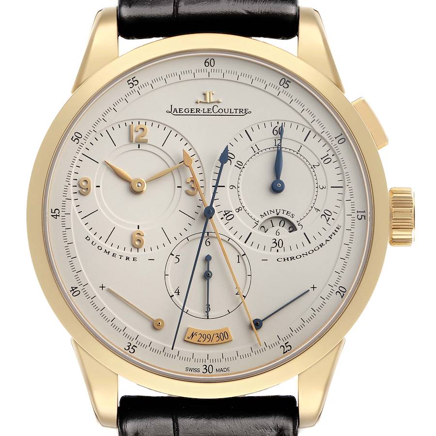 The Jaeger LeCoultre Duometre Q6011420 Men's Yellow Gold Beige Dial watch is shown front-facing, displaying its dials, subdials, and hands clearly.