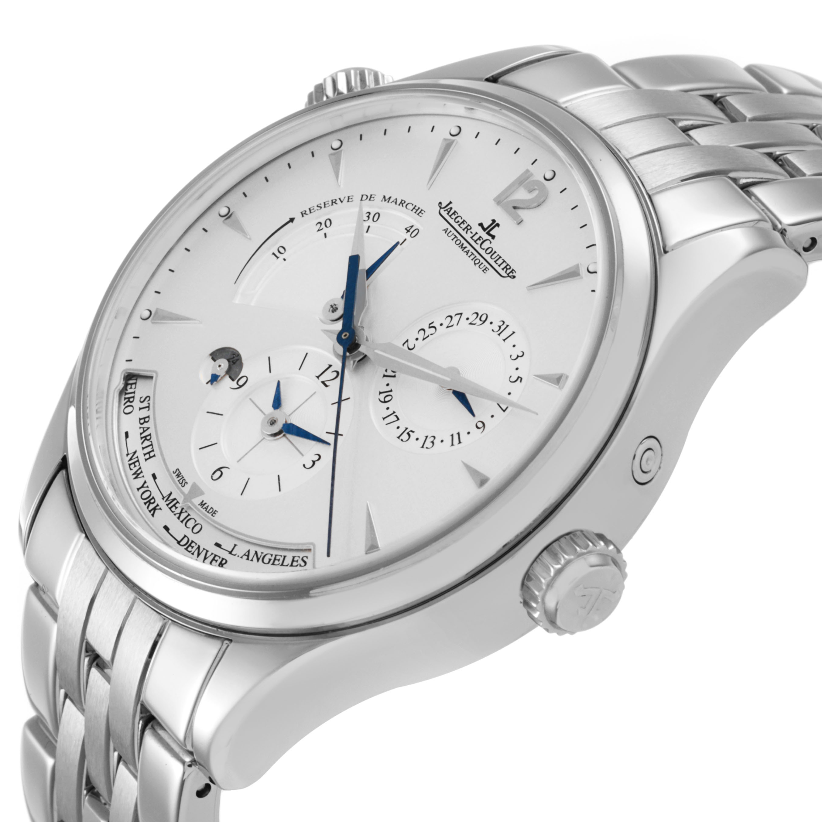The Jaeger LeCoultre Master Q1428121 Men's Stainless Steel Silver Dial watch is shown from a side angle, highlighting the dial, crown, and part of the bracelet.