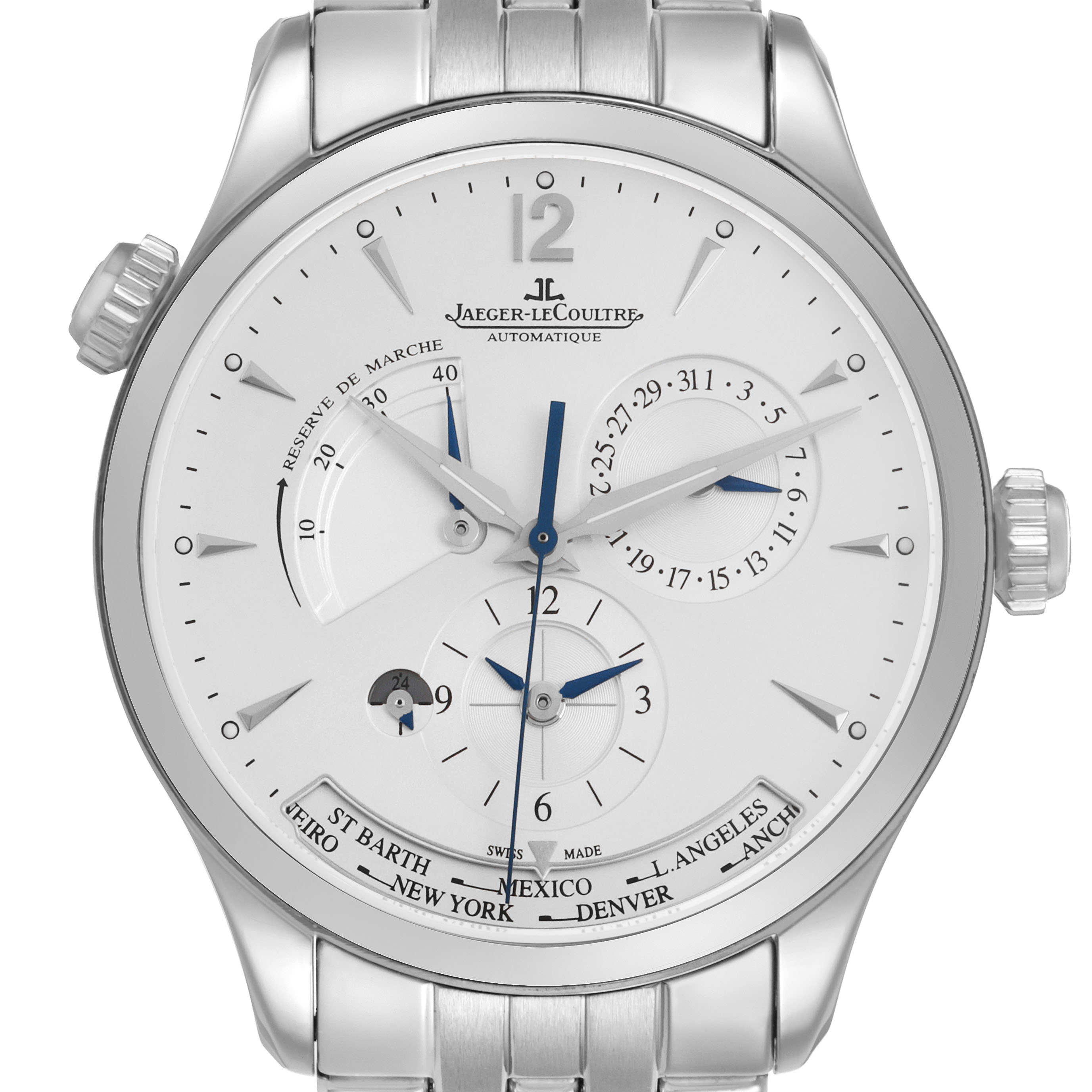 The Jaeger LeCoultre Master Q1428121 Men's Stainless Steel Silver Dial model watch is shown from the front, displaying time, date, power reserve, and world time functions.