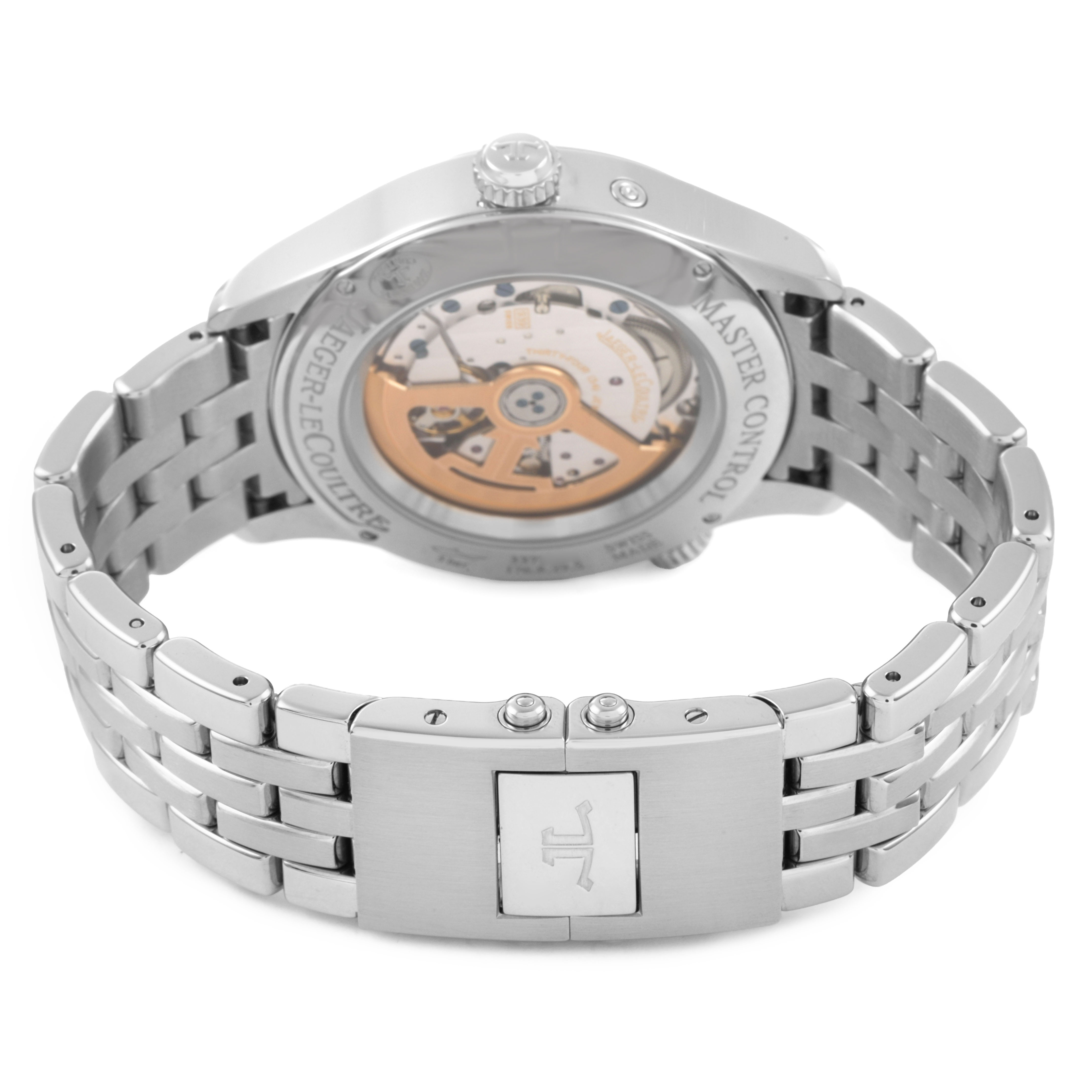 The image shows the back view of the Jaeger-LeCoultre Master model, highlighting the movement and bracelet clasp.