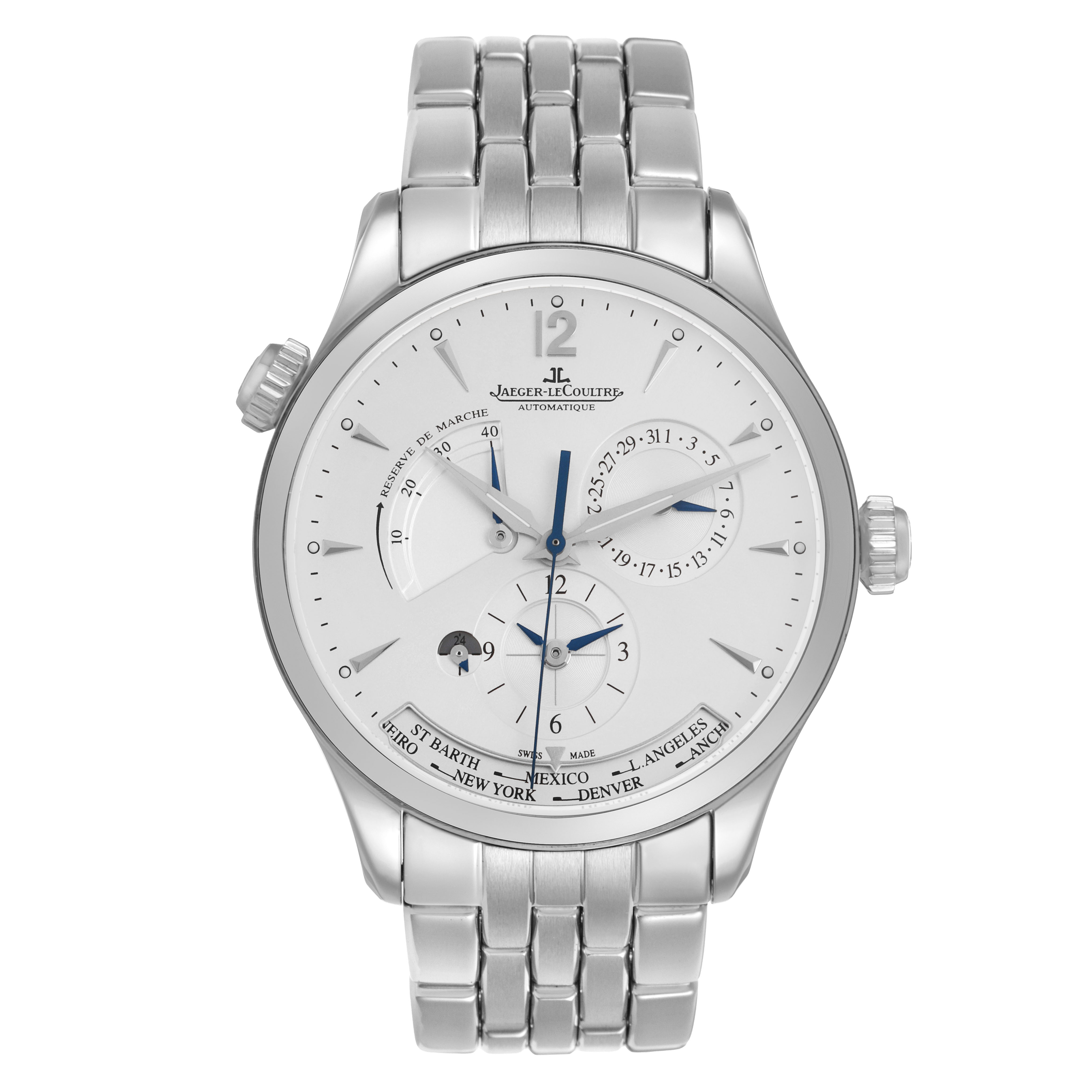 The Jaeger LeCoultre Master Q1428121 Men's Stainless Steel Silver Dial watch is shown from the front, highlighting its dial, hands, and metal bracelet.