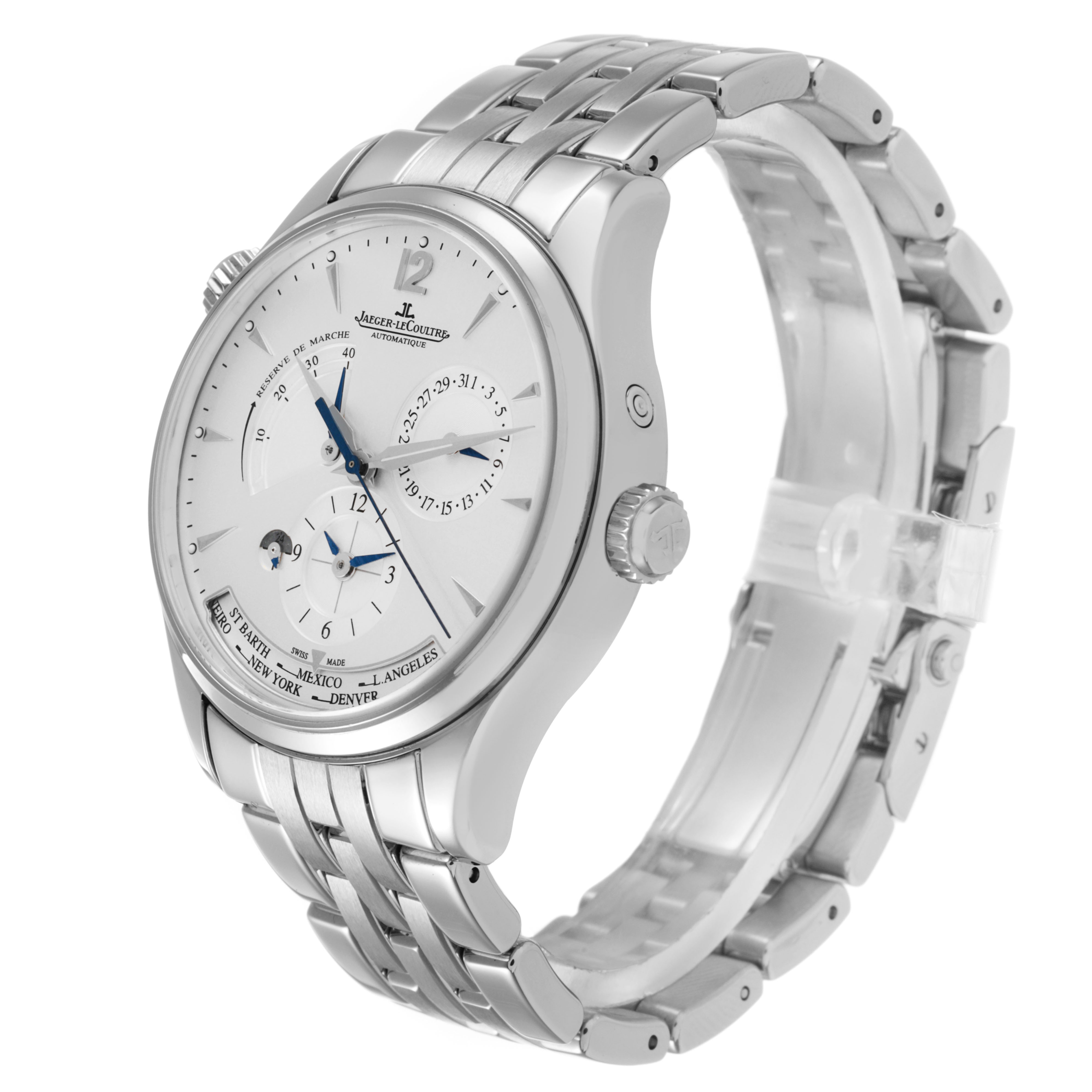 The Jaeger-LeCoultre Master watch is shown at a three-quarter angle, displaying the face, crown, and metal bracelet.