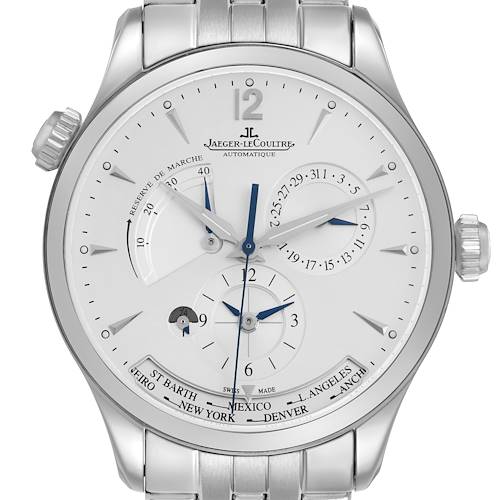 The image shows a front view of the Jaeger LeCoultre Master Q1428121 Men's Stainless Steel Silver Dial watch, highlighting its dials and world time display.