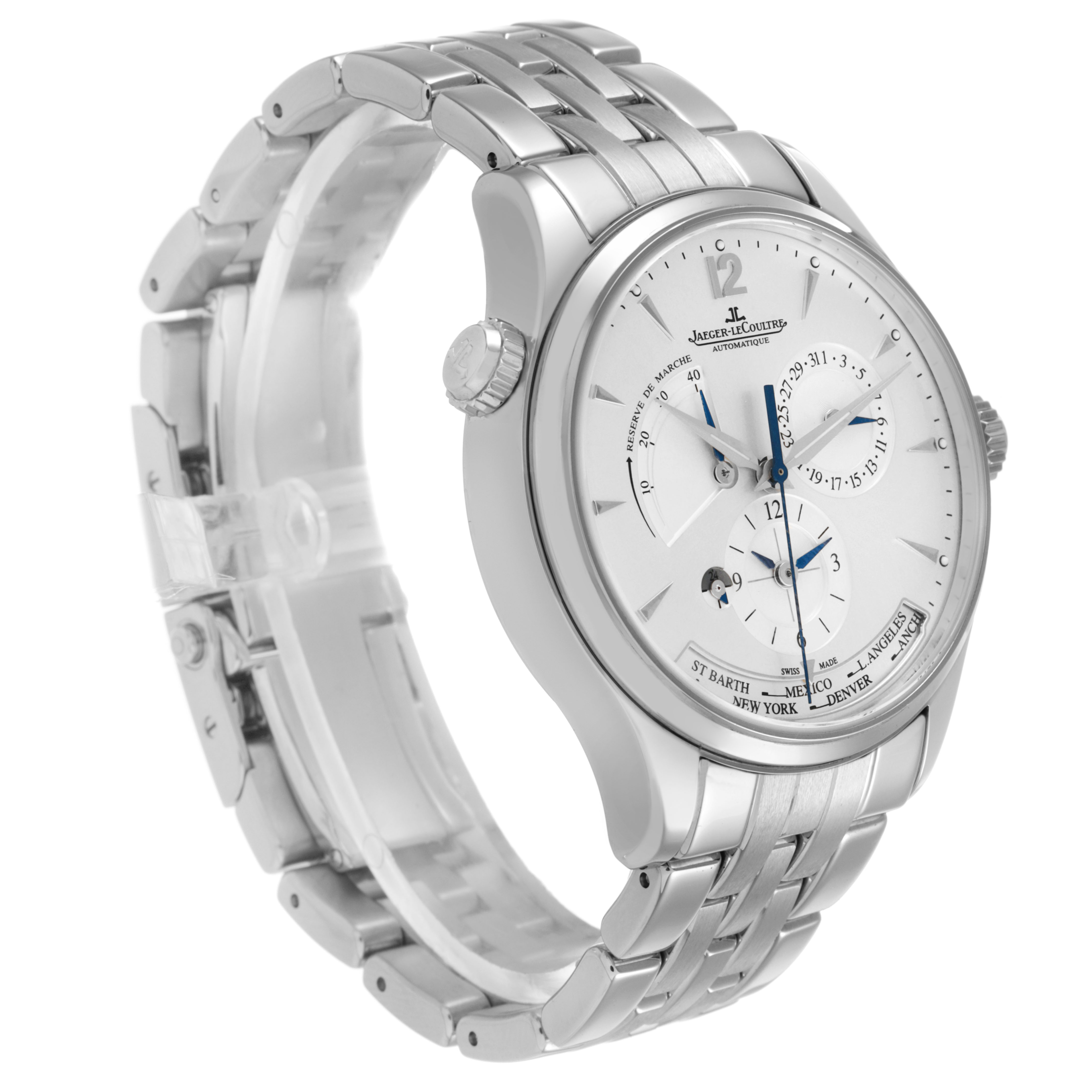 The Jaeger-LeCoultre Master watch is shown at a three-quarter angle, highlighting the dial, bezel, and metal bracelet.