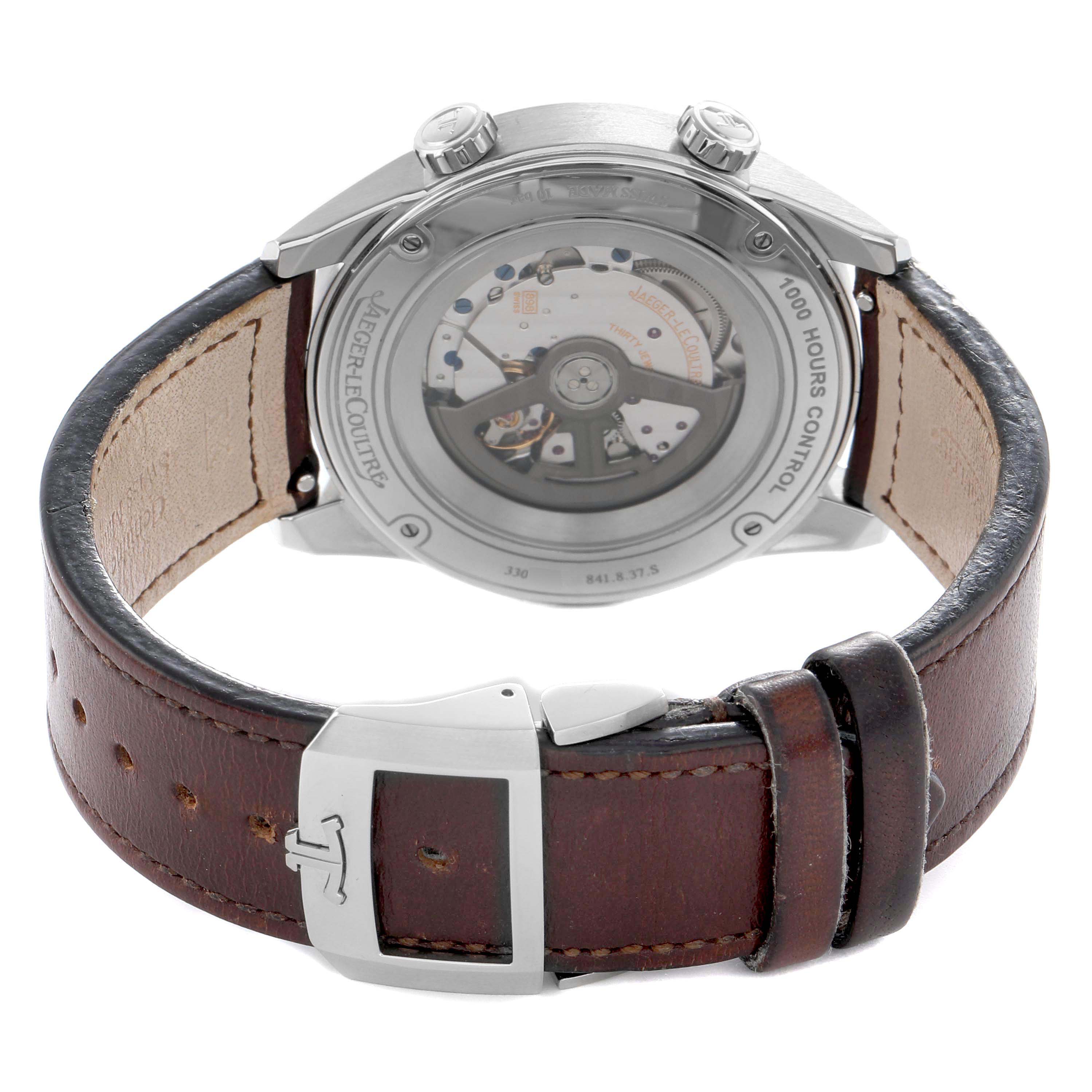 The image shows the back view of a Jaeger LeCoultre Polaris Q9008480 Men's Stainless Steel Blue Dial watch, highlighting the open case back and leather strap.