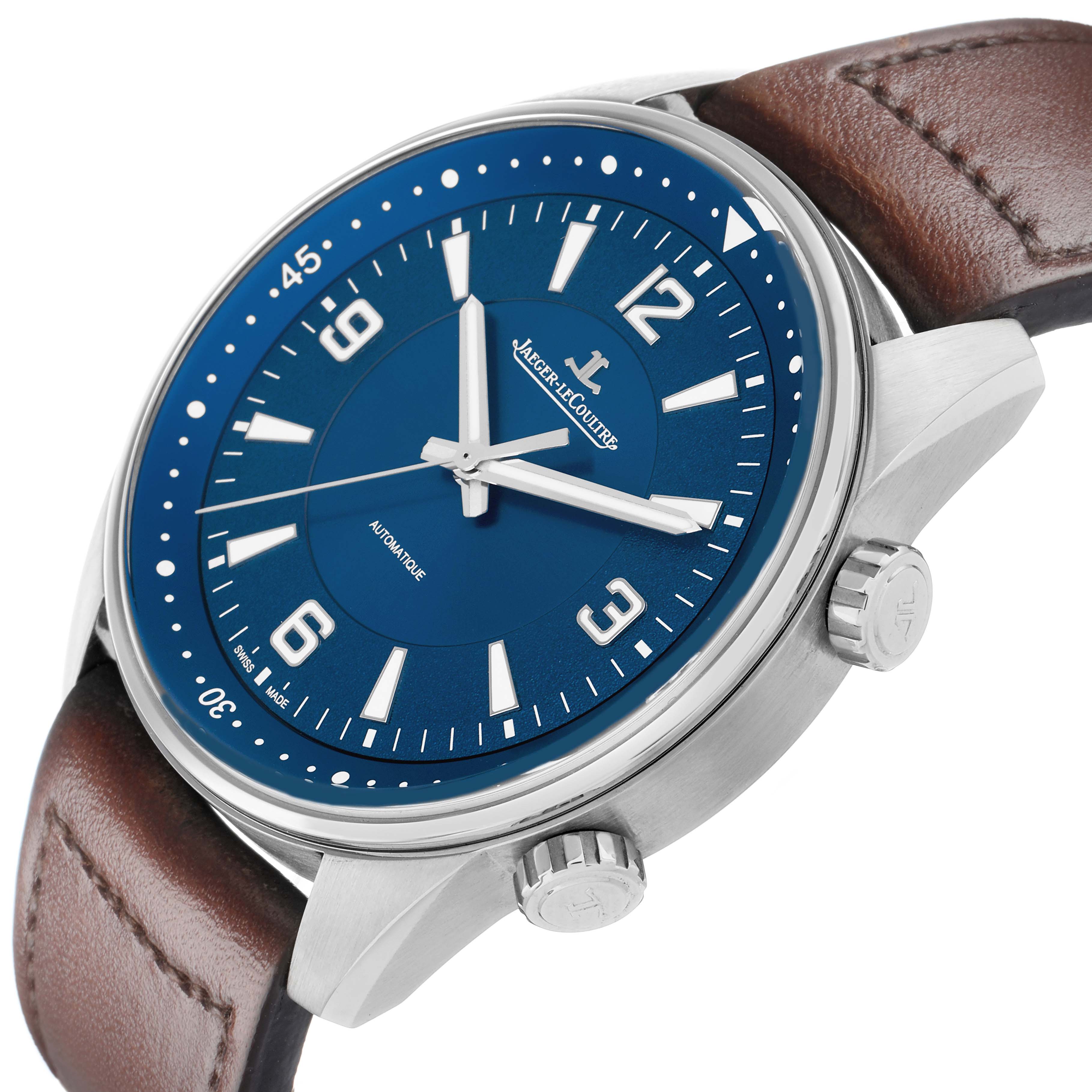 The Jaeger LeCoultre Polaris Q9008480 Men's Stainless Steel Blue Dial watch is shown at a slight angle, highlighting its blue dial, crown, and brown leather strap.