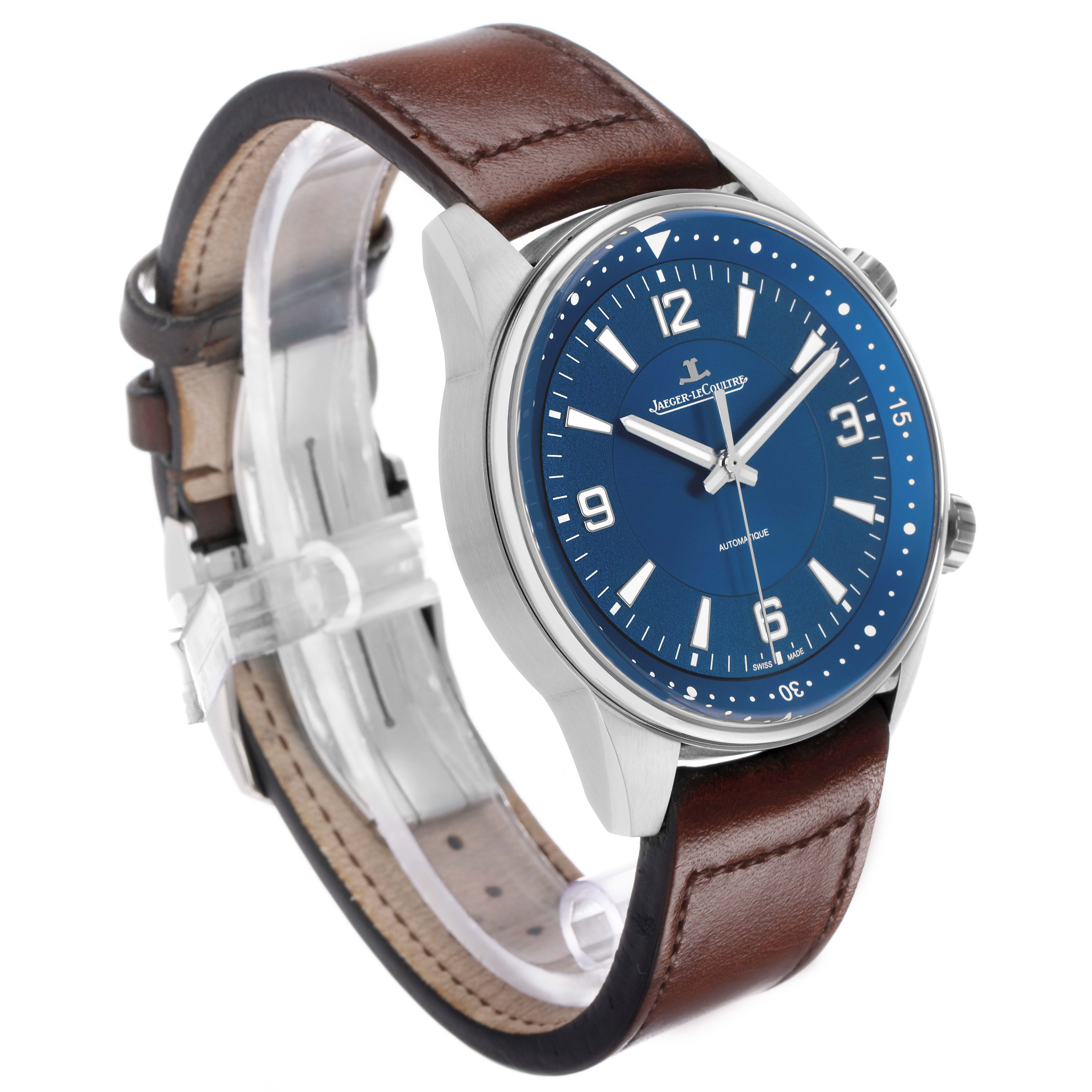 The Jaeger LeCoultre Polaris Q9008480 Men's Stainless Steel Blue Dial watch is shown at a three-quarter angle, highlighting the blue dial, bezel, and brown leather strap.