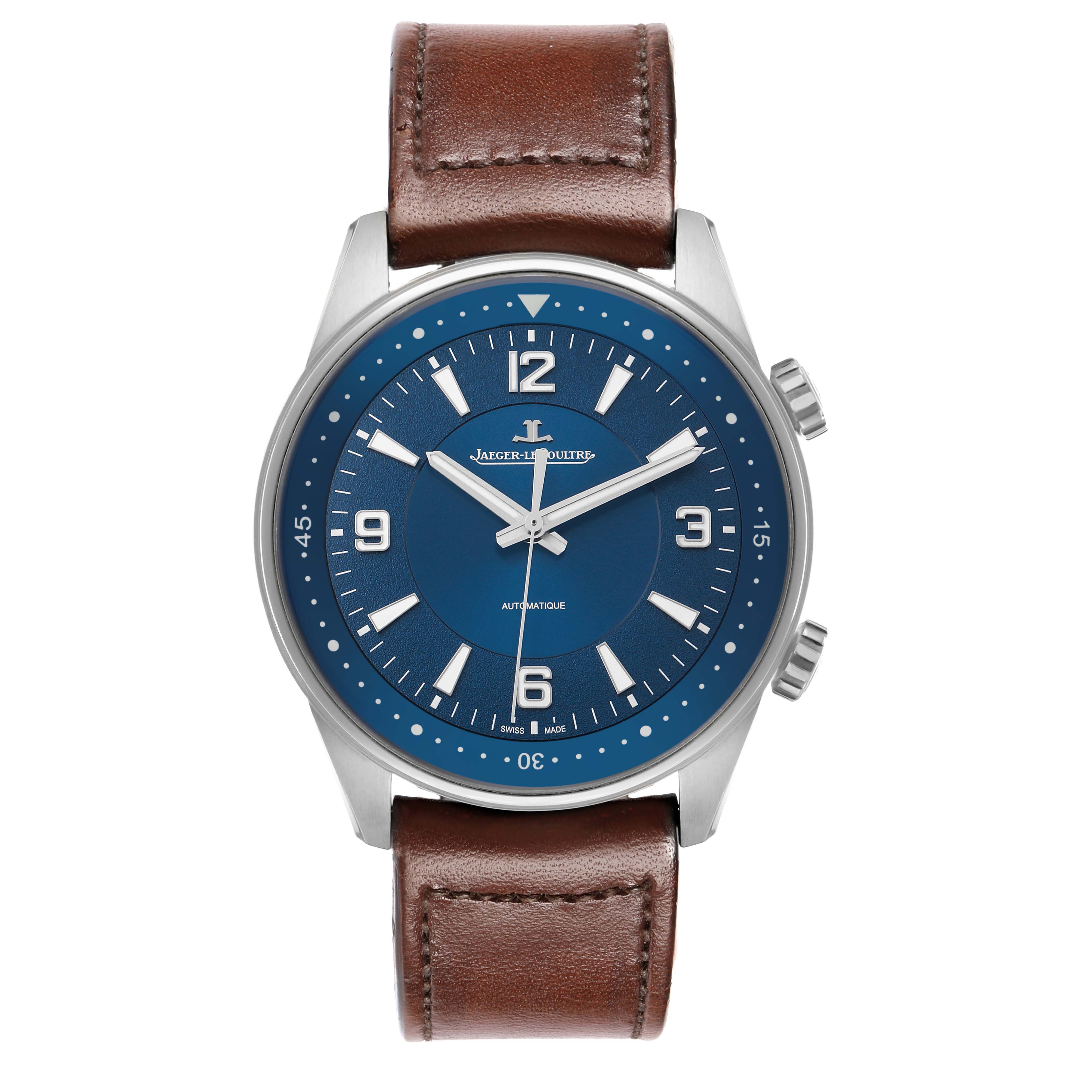 The Jaeger LeCoultre Polaris Q9008480 Men's Stainless Steel Blue Dial watch is shown from a front angle, displaying the face, hands, and brown leather strap.