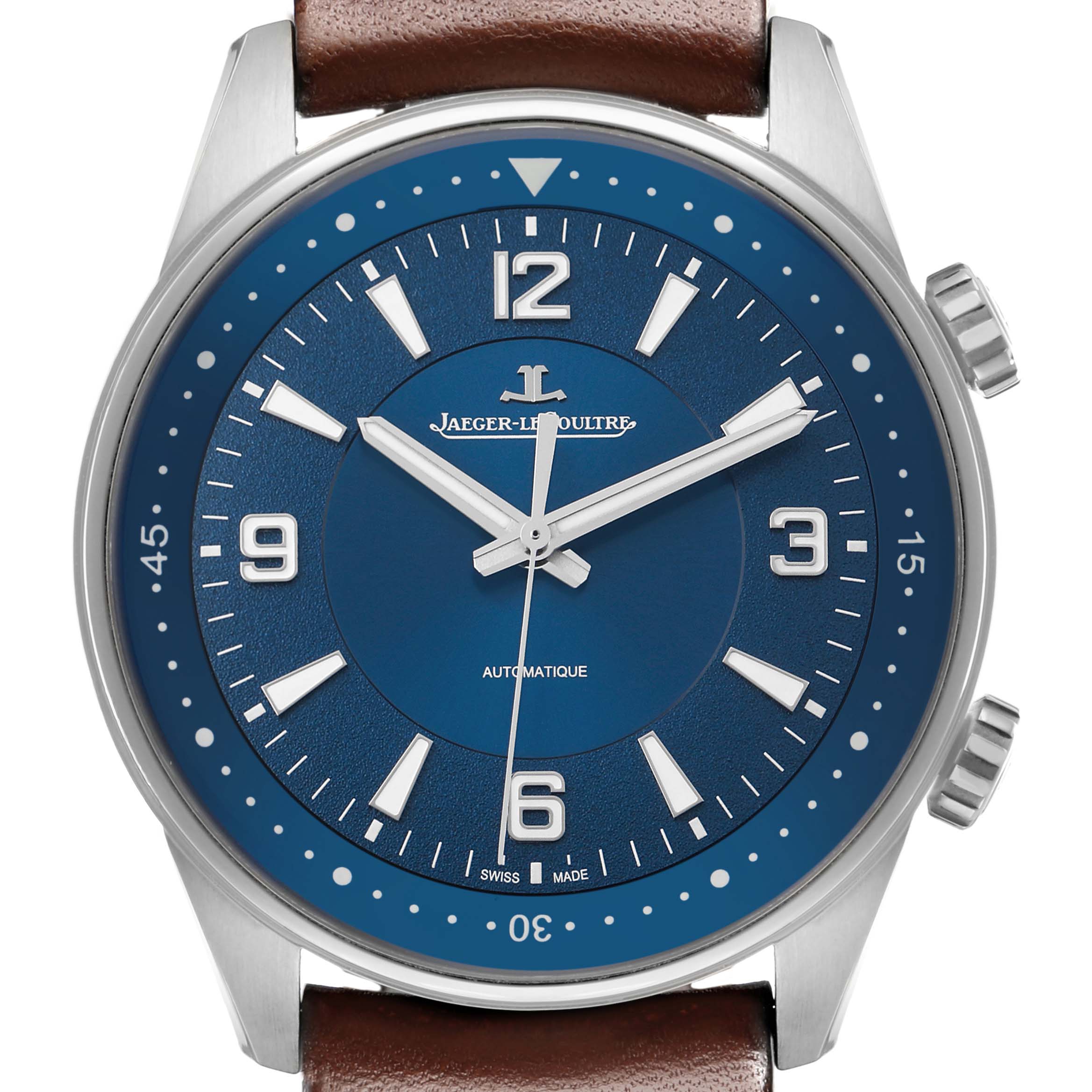 The Jaeger LeCoultre Polaris Q9008480 Men's Stainless Steel Blue Dial watch is shown in a front view, displaying its blue dial, silver-tone hands, indices, and brown leather strap.