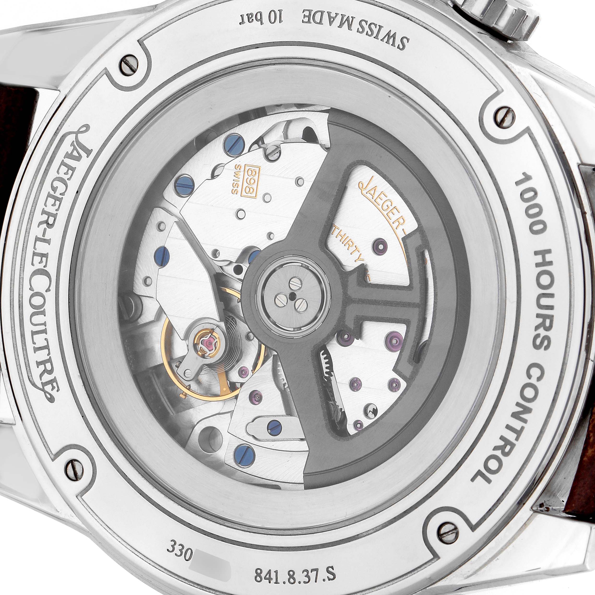 The image shows the back view of a Jaeger LeCoultre Polaris Q9008480 Men's Stainless Steel Blue Dial watch, highlighting its mechanical movement and rotor.