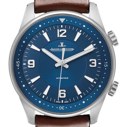 The Jaeger LeCoultre Polaris Q9008480 Men's Stainless Steel Blue Dial watch is shown from a front angle, highlighting the blue dial, bezel, and brown strap.