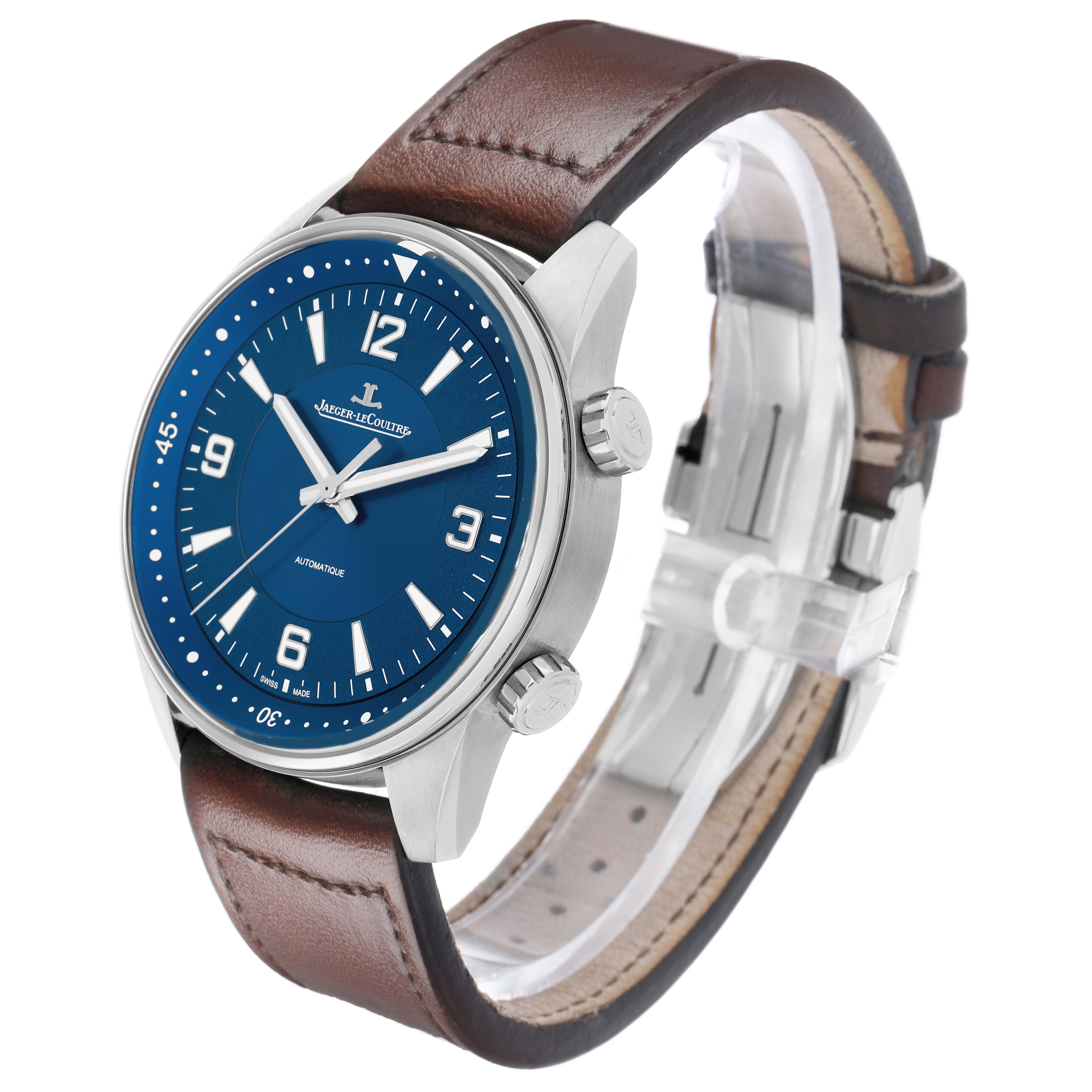 The Jaeger-LeCoultre Polaris watch is shown at an angle displaying the blue dial, case, crown, and brown leather strap.