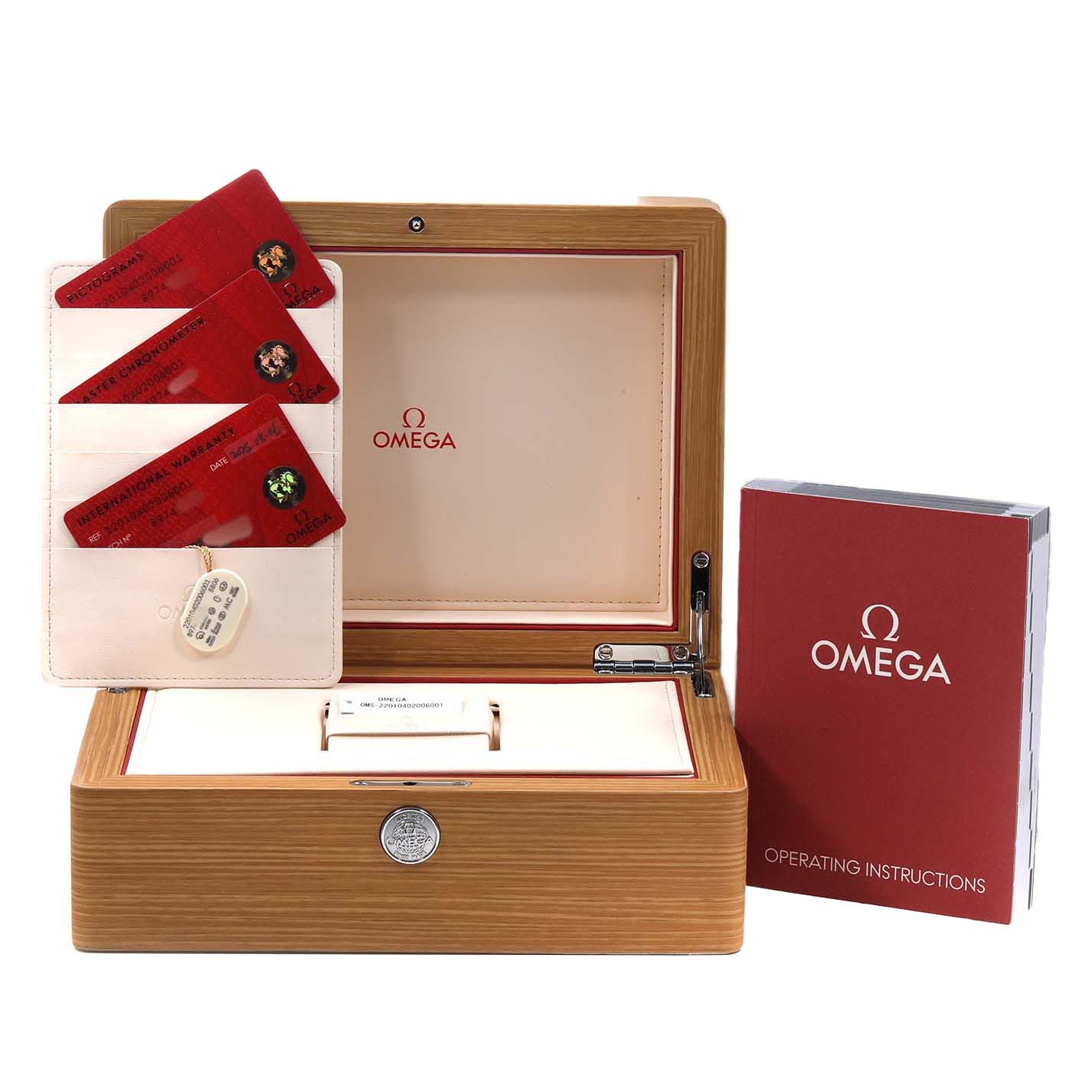 The image shows an open box for the Omega Seamaster 220.10.40.20.06.001 Men's Stainless Steel Grey Dial, with warranty cards and an instruction booklet.