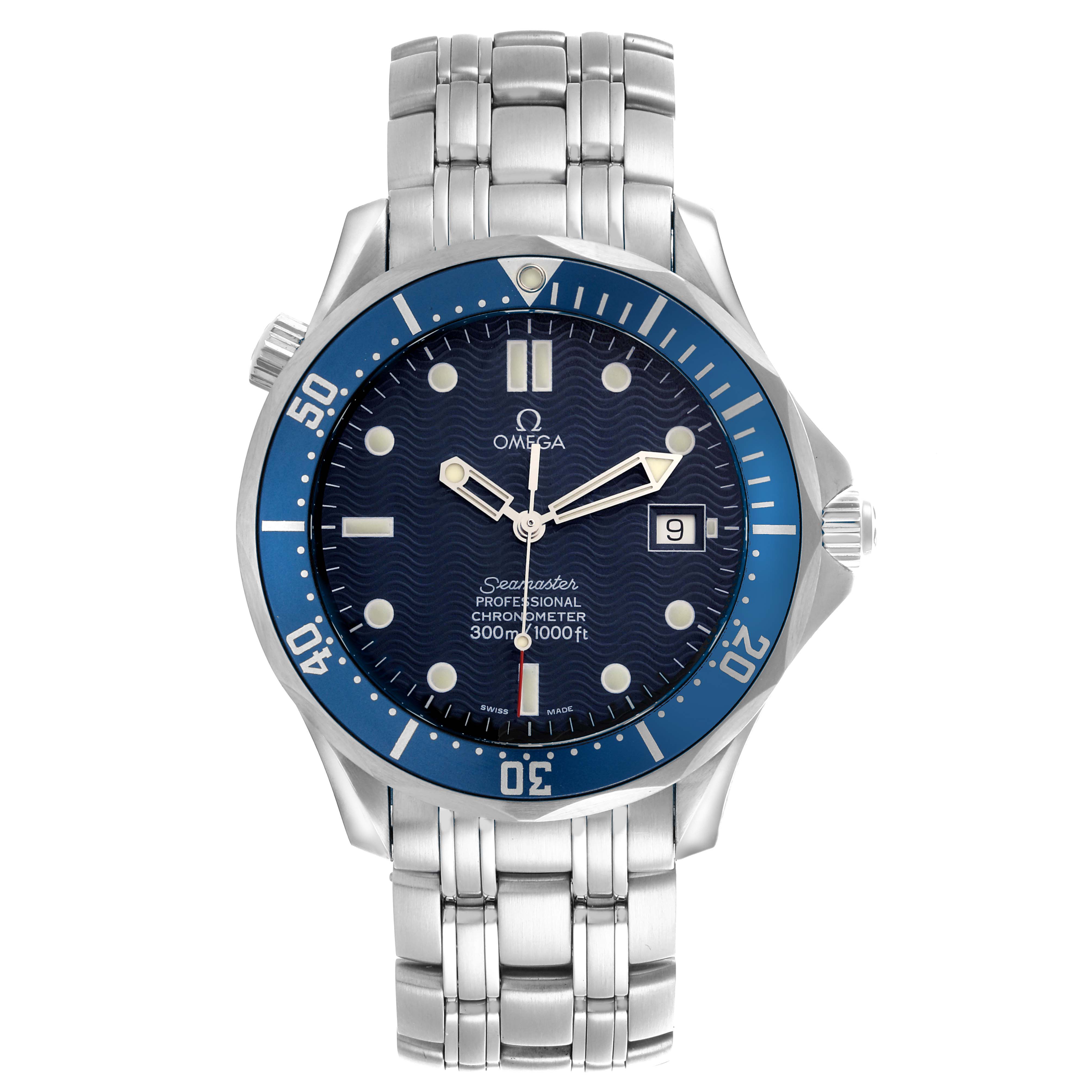 The Omega Seamaster 2531.80.00 Men
s Stainless Steel Blue Dial 2531.80.00 Men
s Stainless Steel Blue Dial is shown from the front, displaying the face, bezel, bracelet, and crown.