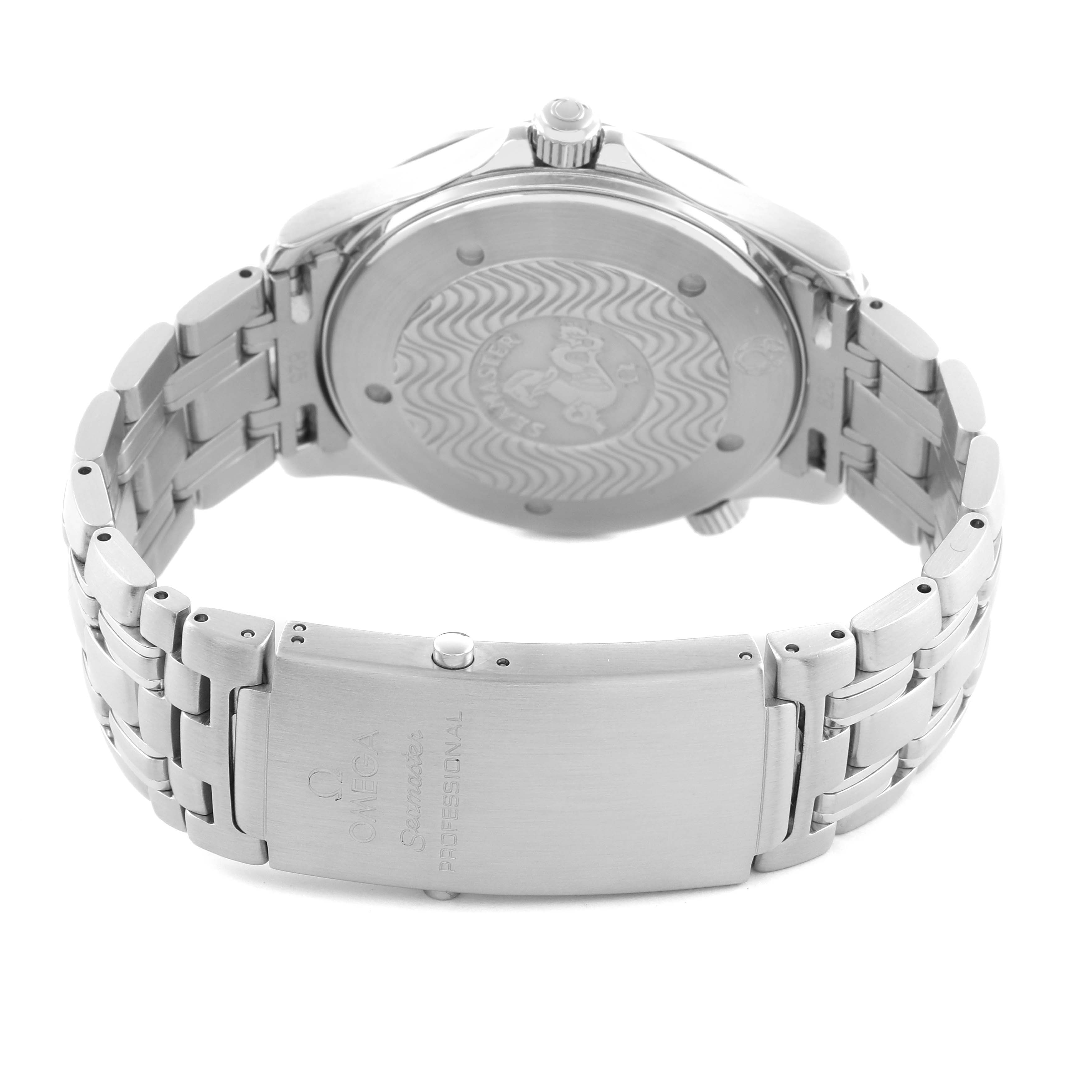 The Omega Seamaster 2531.80.00 Men
s Stainless Steel Blue Dial 2531.80.00 Men
s Stainless Steel Blue Dial watch is shown from the back, highlighting the case back and clasp details.