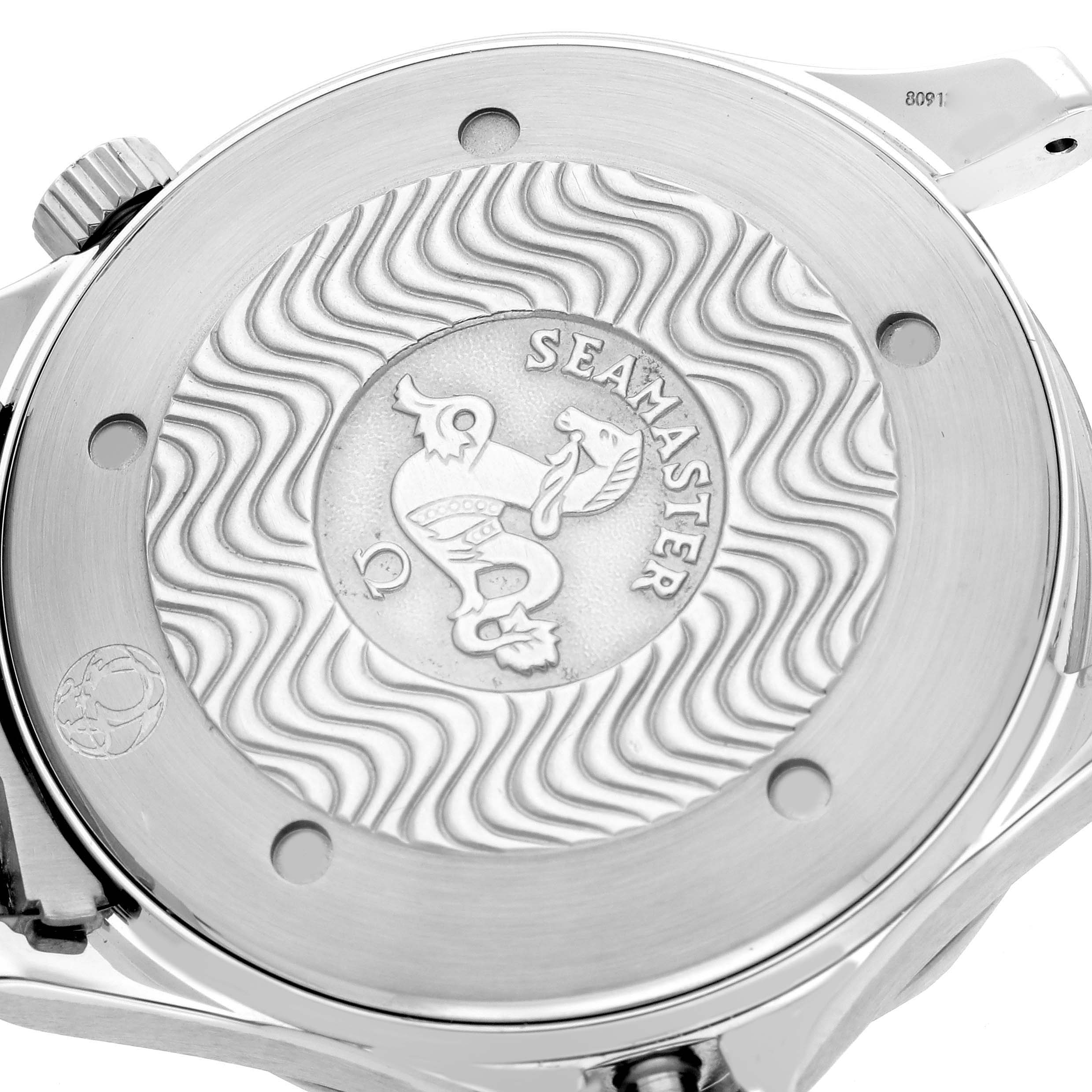 The image shows the back case of an Omega Seamaster 2531.80.00 Men
s Stainless Steel Blue Dial 2531.80.00 Men
s Stainless Steel Blue Dial watch, featuring the engraved logo and detailing.