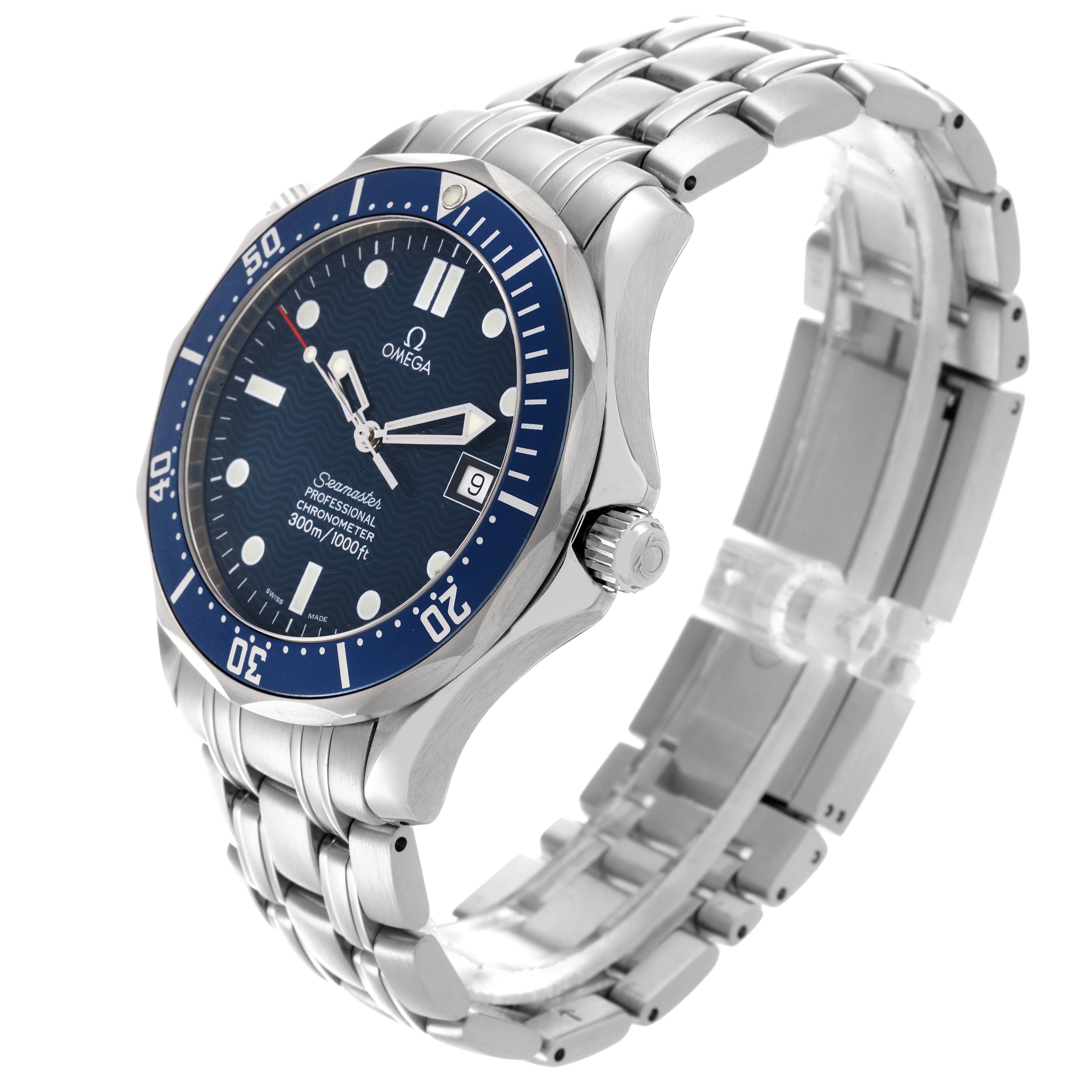 The Omega Seamaster 2531.80.00 Men
s Stainless Steel Blue Dial 2531.80.00 Men
s Stainless Steel Blue Dial watch is shown at a three-quarter angle, highlighting the dial, bezel, and bracelet.