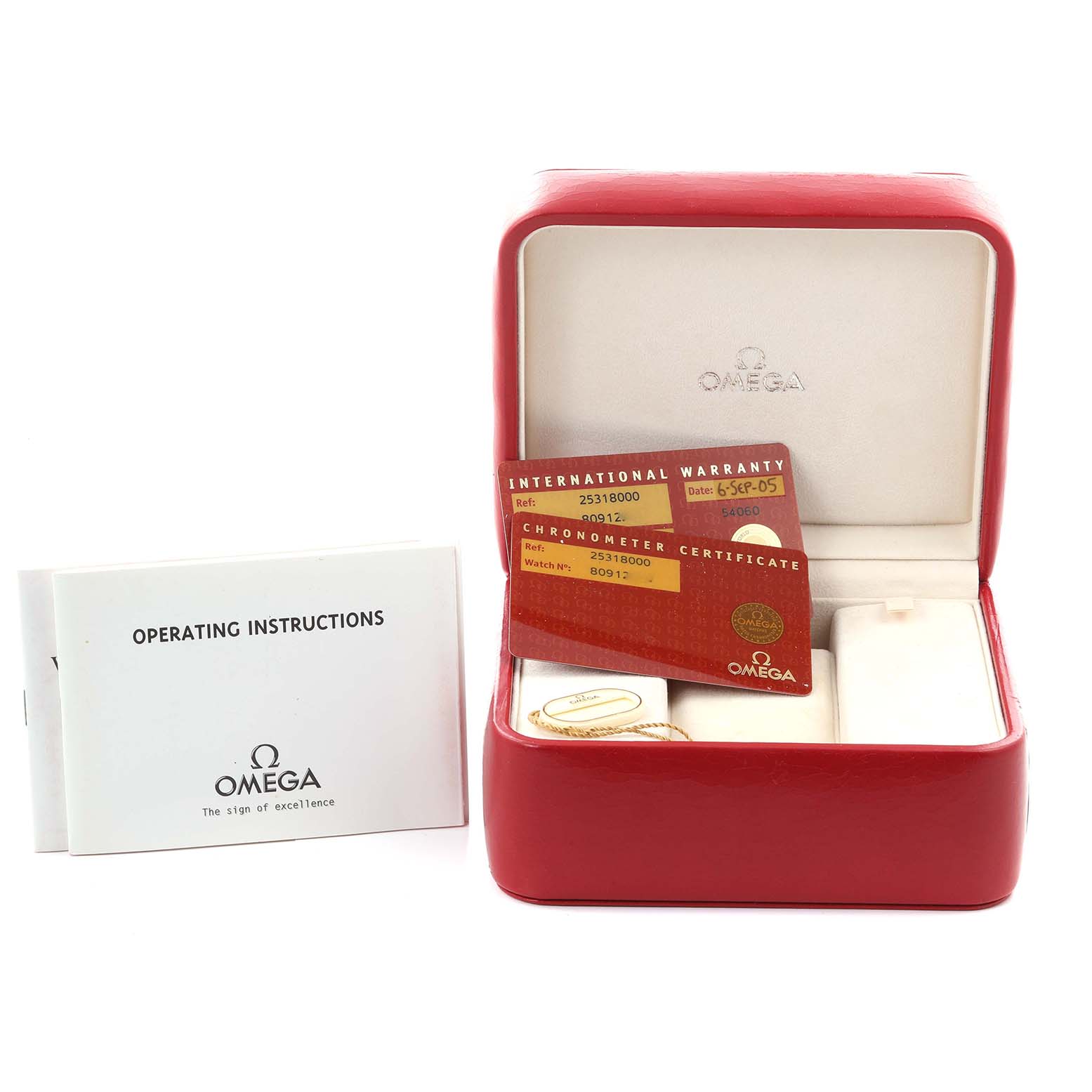 The image shows an Omega Seamaster 2531.80.00 Men
s Stainless Steel Blue Dial 2531.80.00 Men
s Stainless Steel Blue Dial watch box with warranty cards and operating instructions.