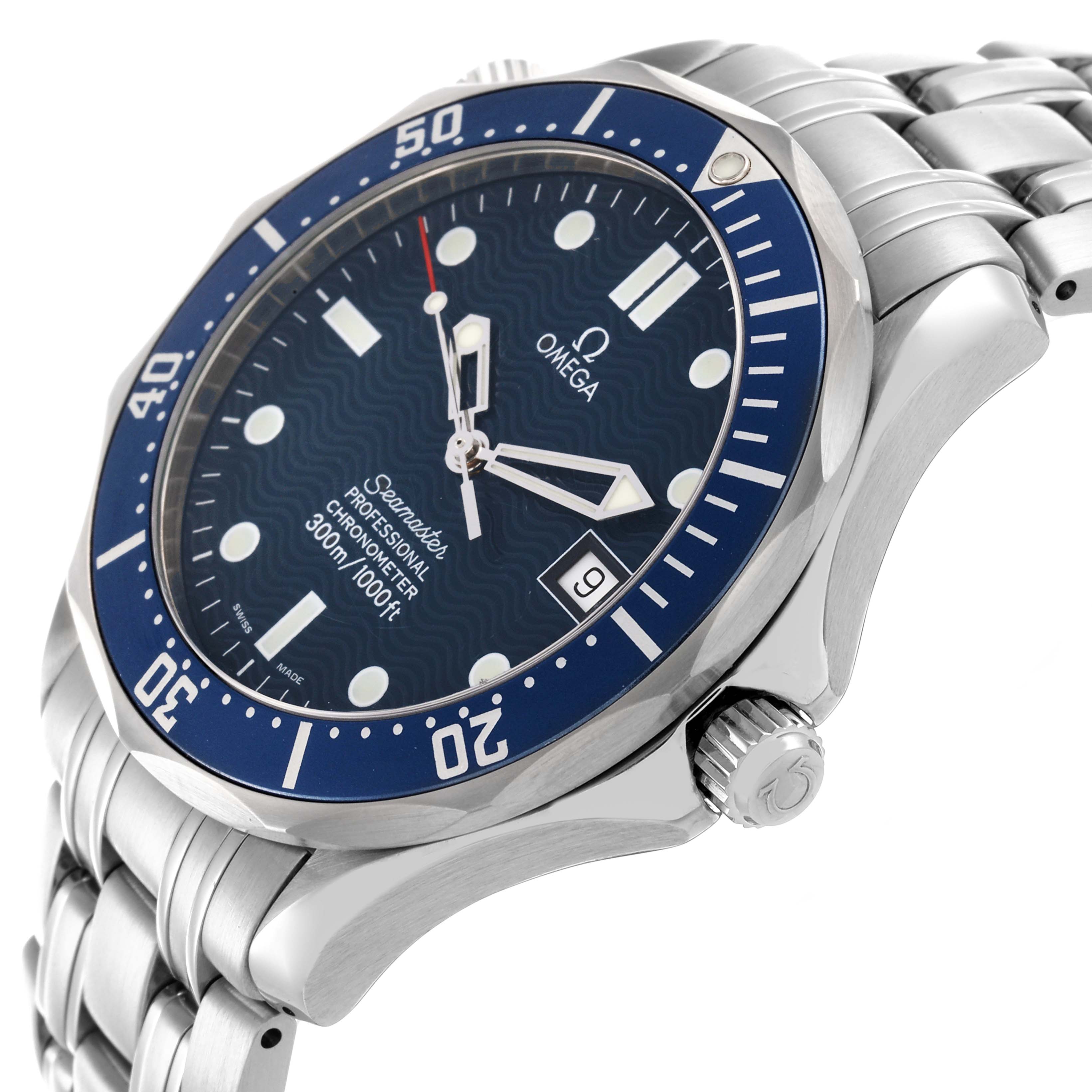 The Omega Seamaster 2531.80.00 Men
s Stainless Steel Blue Dial 2531.80.00 Men
s Stainless Steel Blue Dial is shown from a side angle, highlighting the bezel, crown, dial, and bracelet.