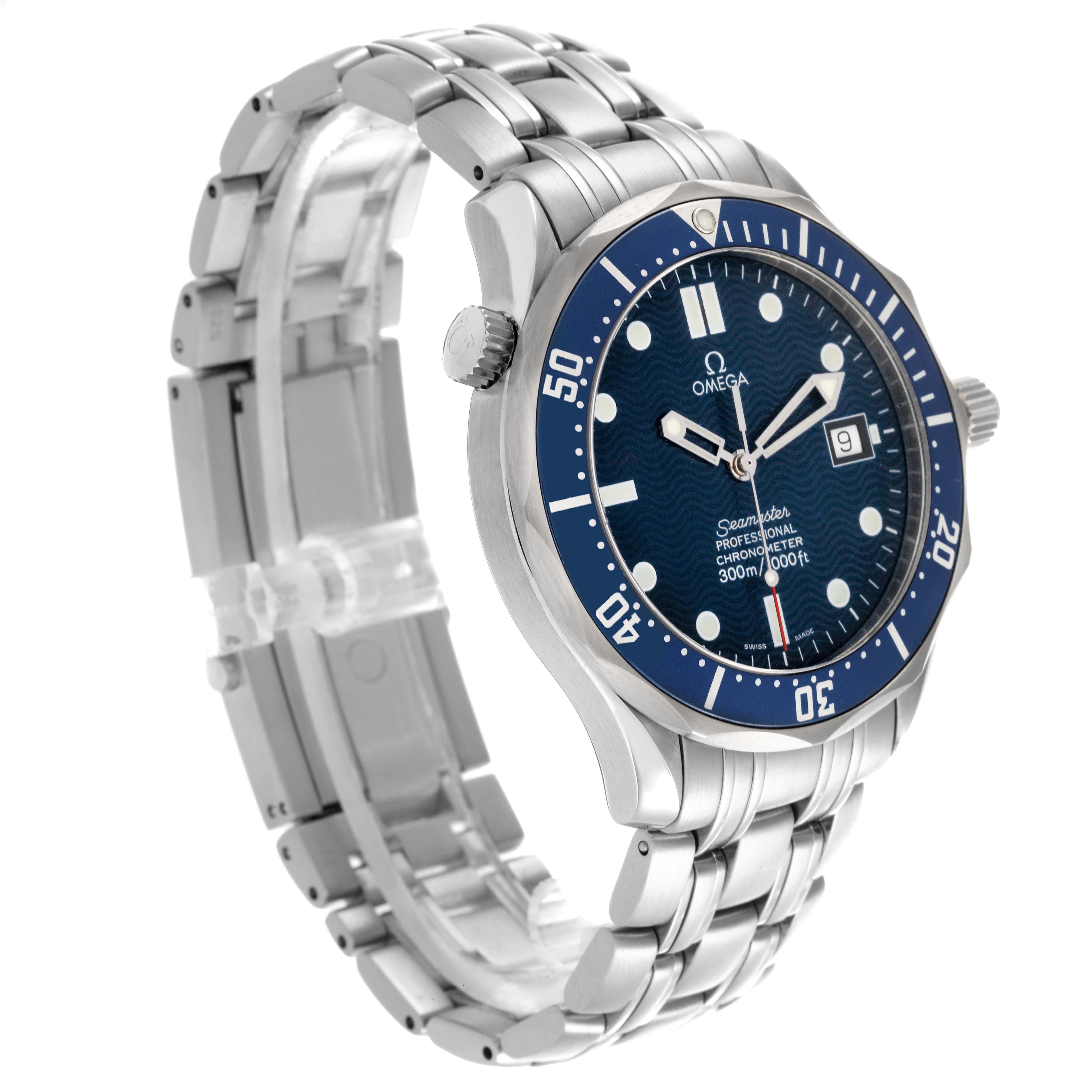 The image shows a side angle of the Omega Seamaster 2531.80.00 Men
s Stainless Steel Blue Dial 2531.80.00 Men
s Stainless Steel Blue Dial, highlighting the bezel, crown, bracelet, and face.