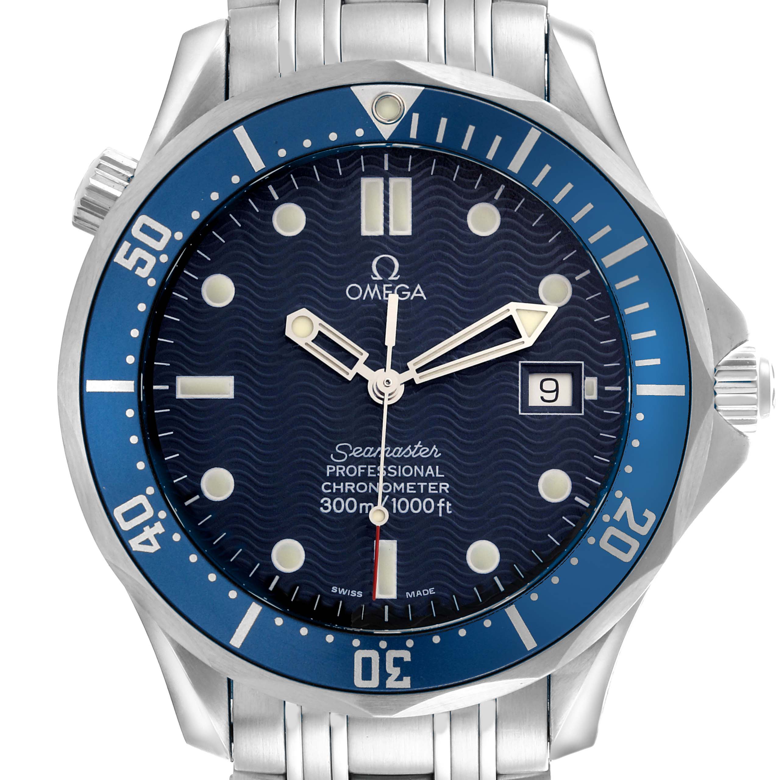 The Omega Seamaster 2531.80.00 Men
s Stainless Steel Blue Dial 2531.80.00 Men
s Stainless Steel Blue Dial watch is shown from a front angle, displaying the dial, bezel, hands, date window, and part of the bracelet.