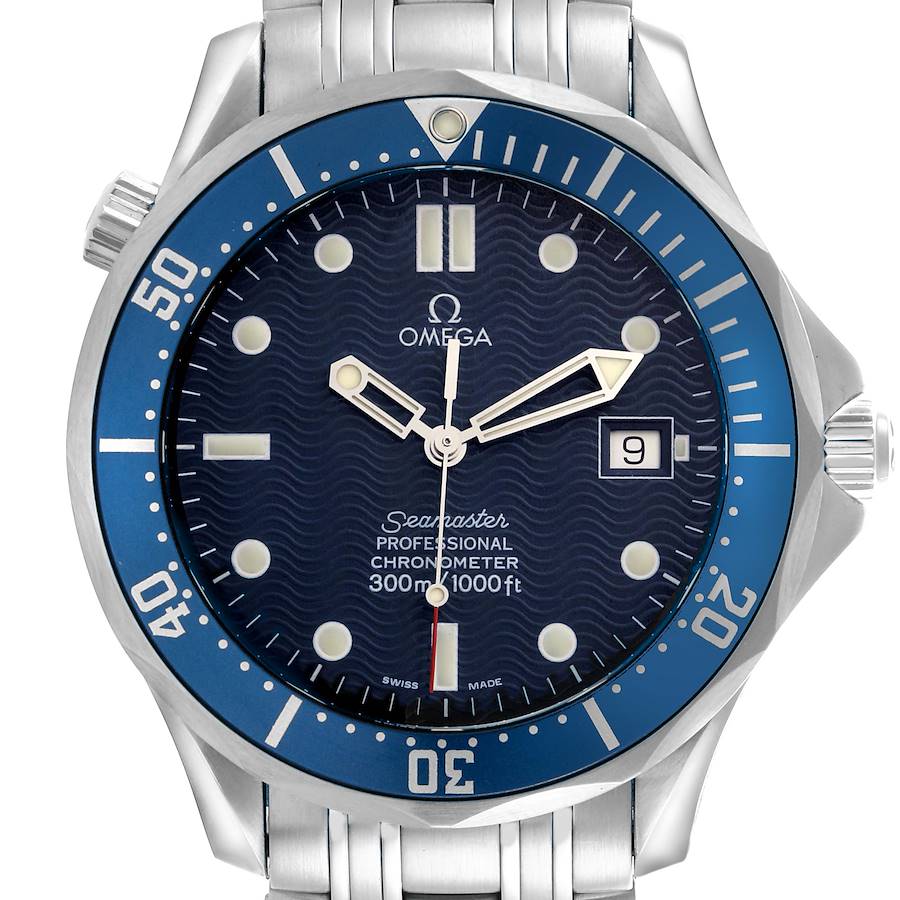 The Omega Seamaster watch is shown from a front angle, displaying the dial, bezel, hands, date window, and part of the bracelet.