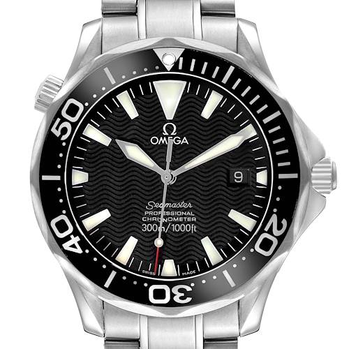 The Omega Seamaster 2254.50.00 Men's Stainless Steel Black Dial watch is shown from a front angle, displaying its bezel, dial, hands, date window, and part of the bracelet.