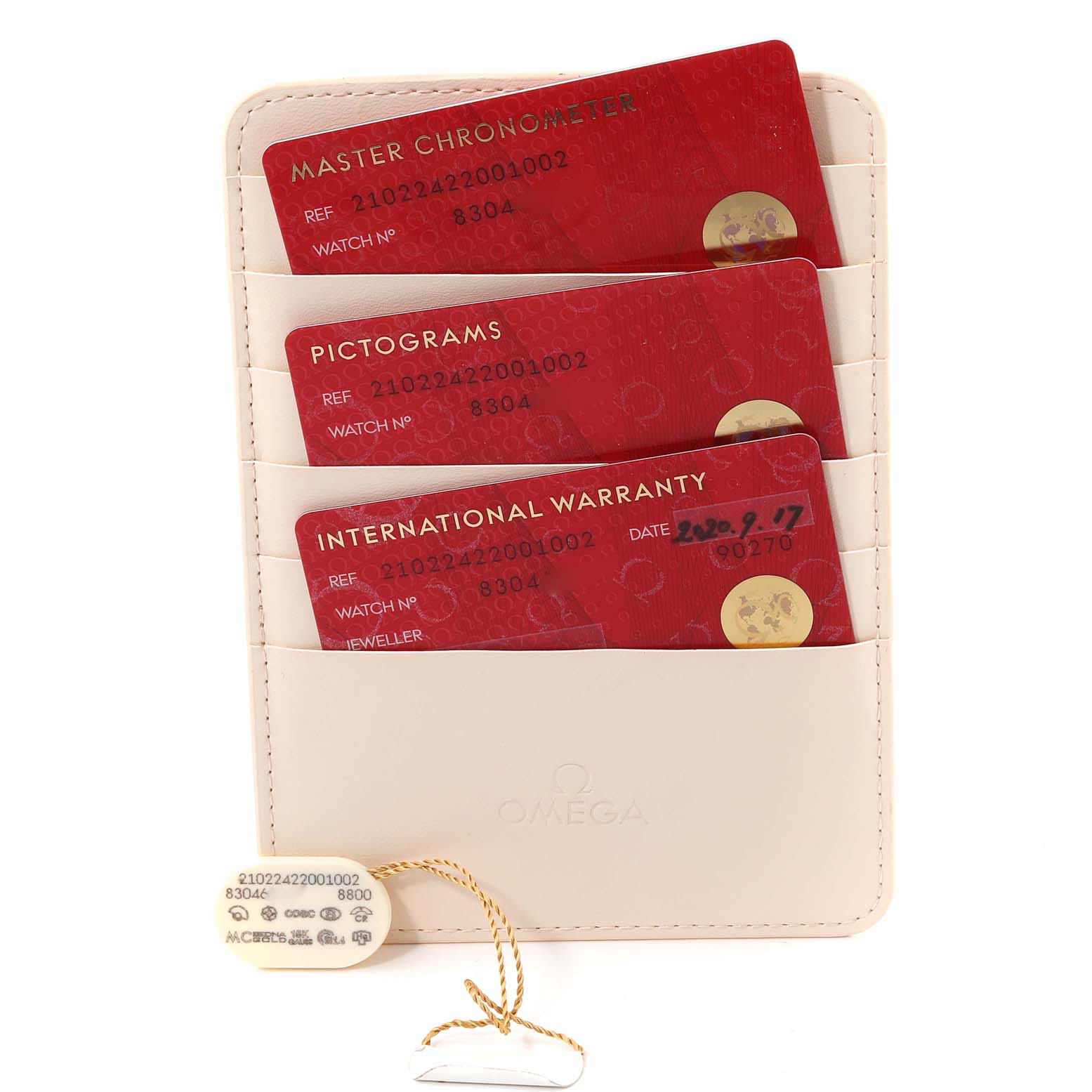 The image shows warranty cards and a tag for an Omega Seamaster 210.22.42.20.01.002 Men's Steel and Gold (two tone) Black Dial 210.22.42.20.01.002 Men's Steel and Gold (two tone) Black Dial watch, displayed front-facing in a cardholder.