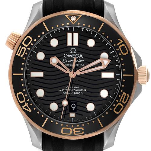 The Omega Seamaster 210.22.42.20.01.002 Men's Steel and Gold (two tone) Black Dial watch is shown from a front angle, displaying its face, bezel, and part of the strap.