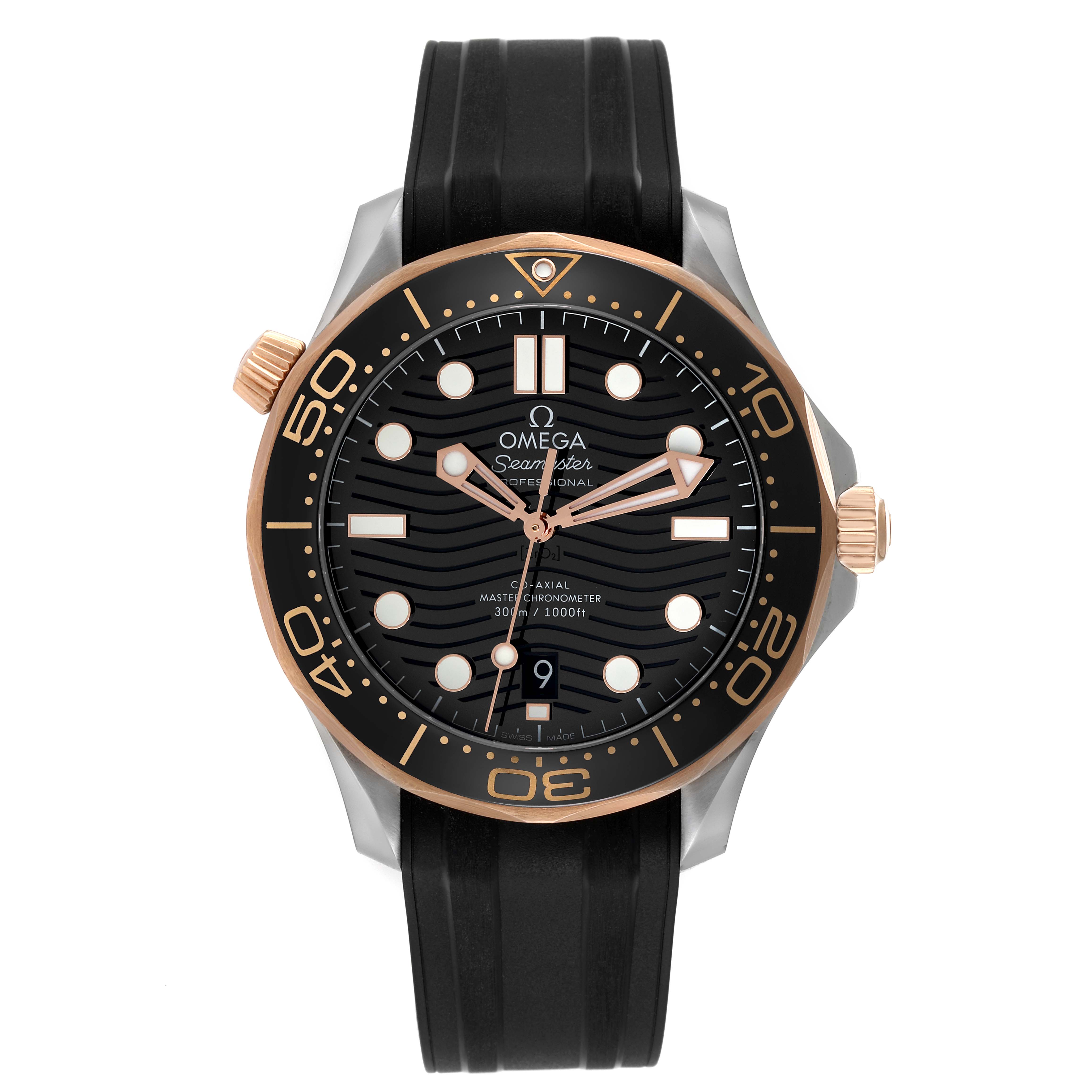 The Omega Seamaster 210.22.42.20.01.002 Men's Steel and Gold (two tone) Black Dial watch is shown from a front angle, highlighting its black dial, gold-tone bezel, and rubber strap.