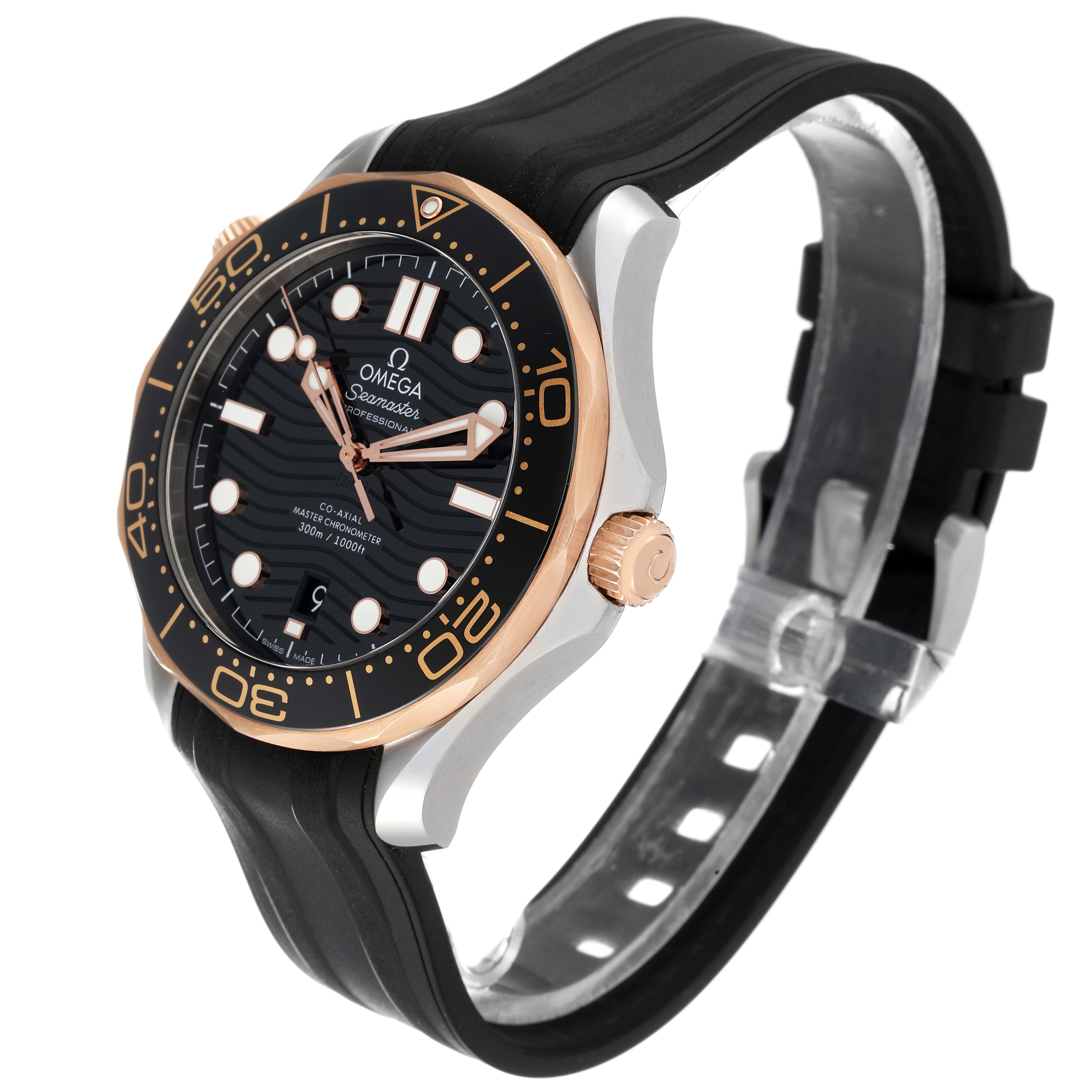 The Omega Seamaster 210.22.42.20.01.002 Men's Steel and Gold (two tone) Black Dial watch is shown at a slight angle, displaying the face, bezel, crown, and black strap.