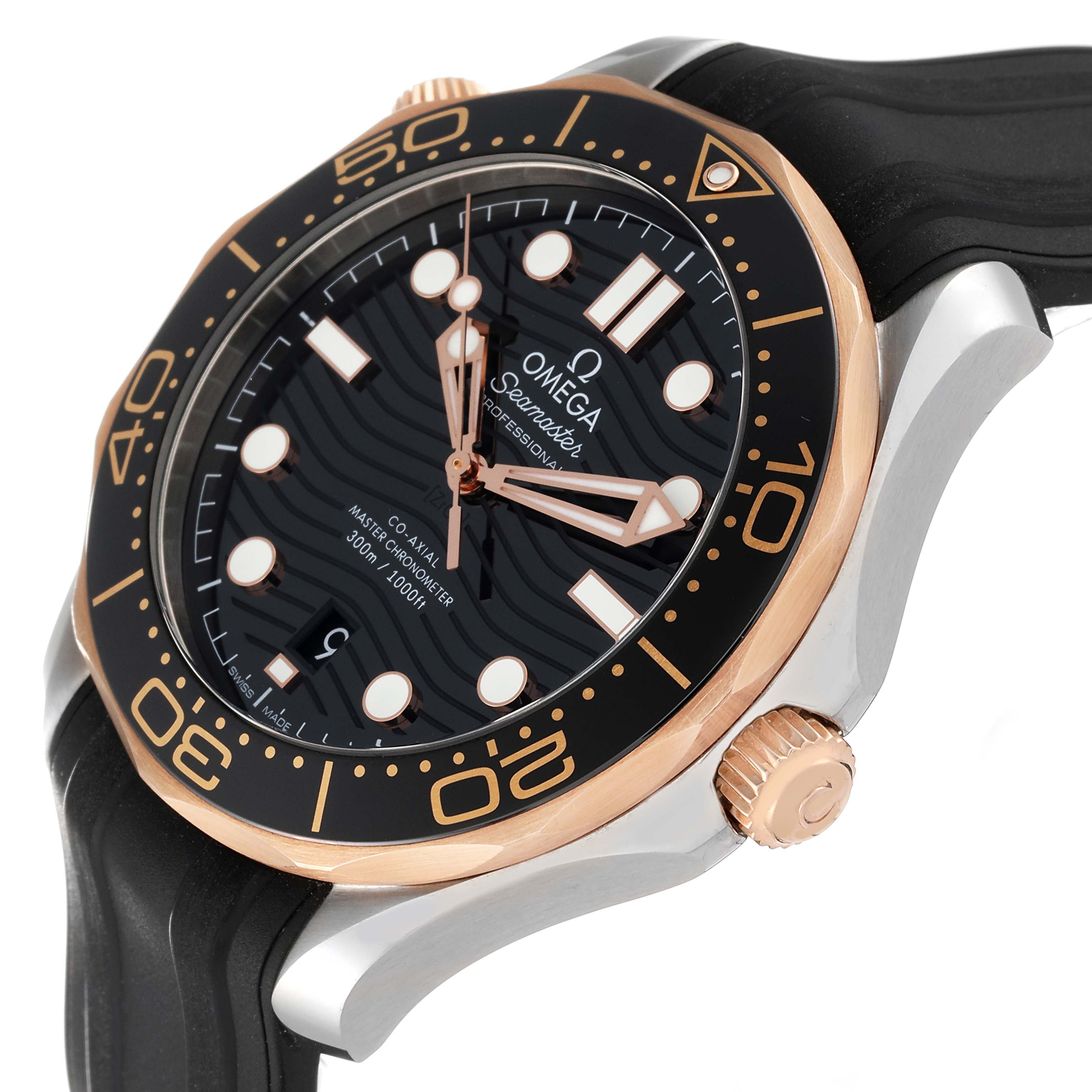 The Omega Seamaster 210.22.42.20.01.002 Men's Steel and Gold (two tone) Black Dial watch is shown at an oblique angle highlighting the face, bezel, crown, and rubber strap.