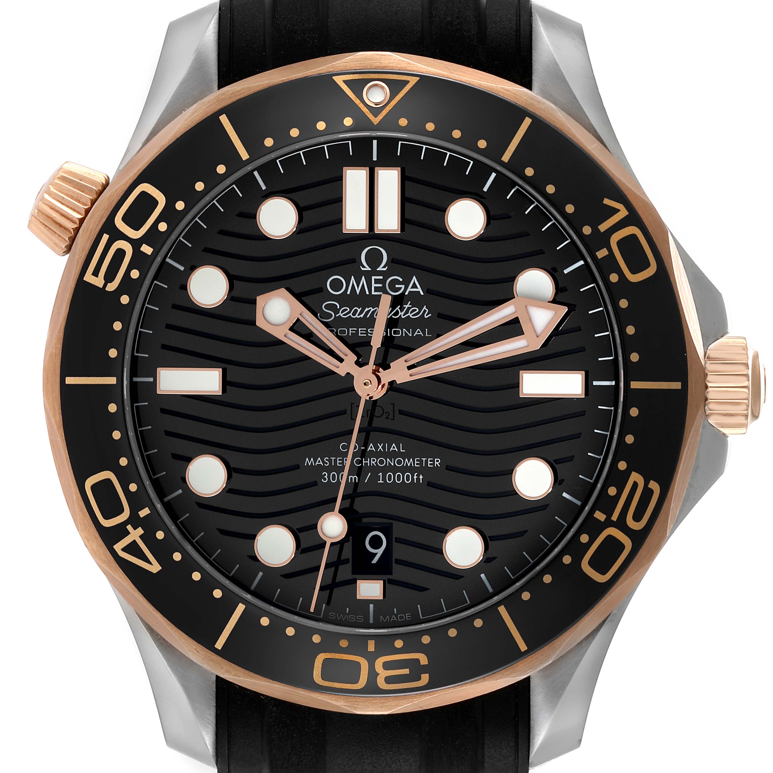 The Omega Seamaster 210.22.42.20.01.002 Men's Steel and Gold (two tone) Black Dial watch is shown from a front angle, highlighting its face, bezel, and crown.