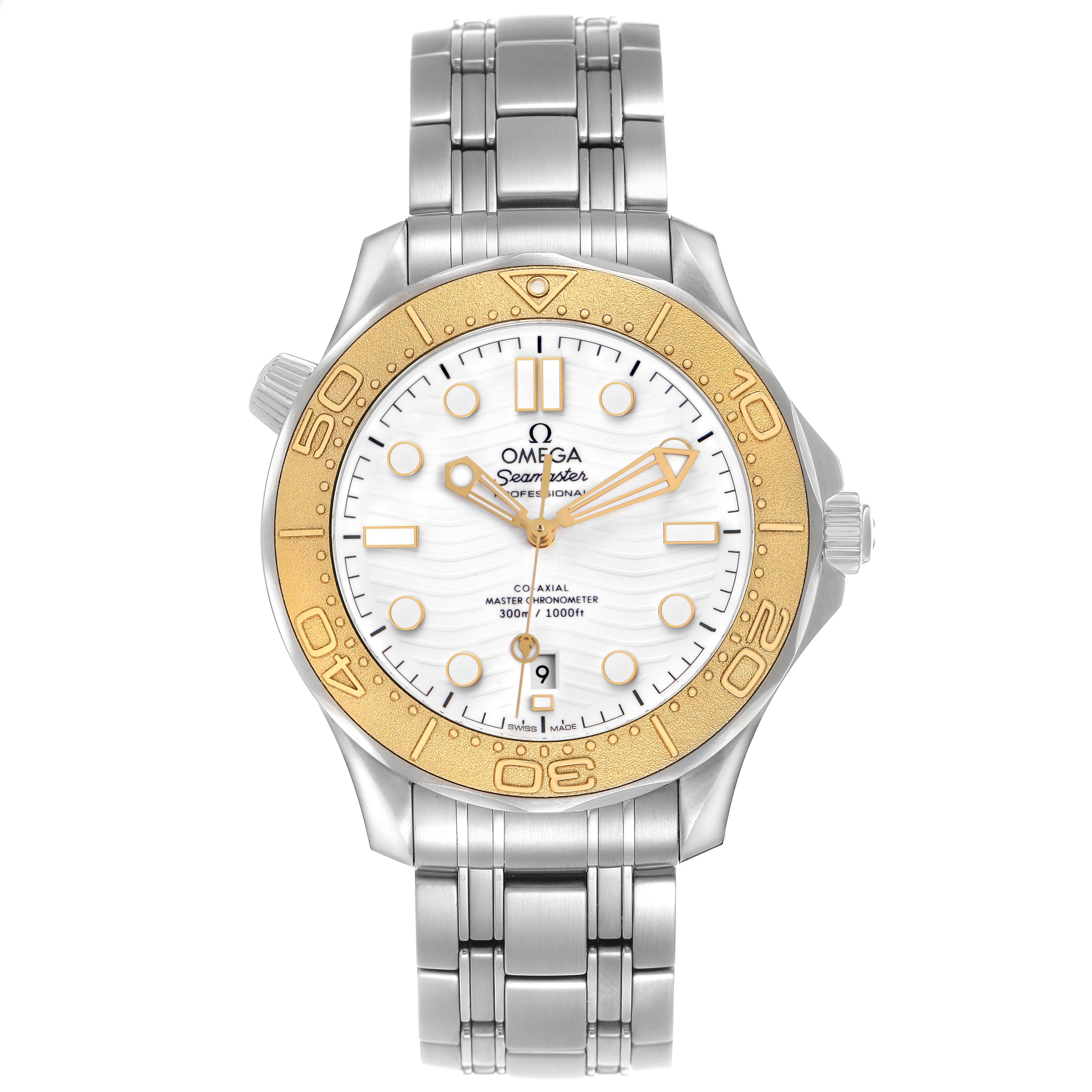 The Omega Seamaster 522.21.42.20.04.001 Men's Steel and Gold (two tone) White Dial watch is shown from a front angle, highlighting the dial, bezel, and bracelet.