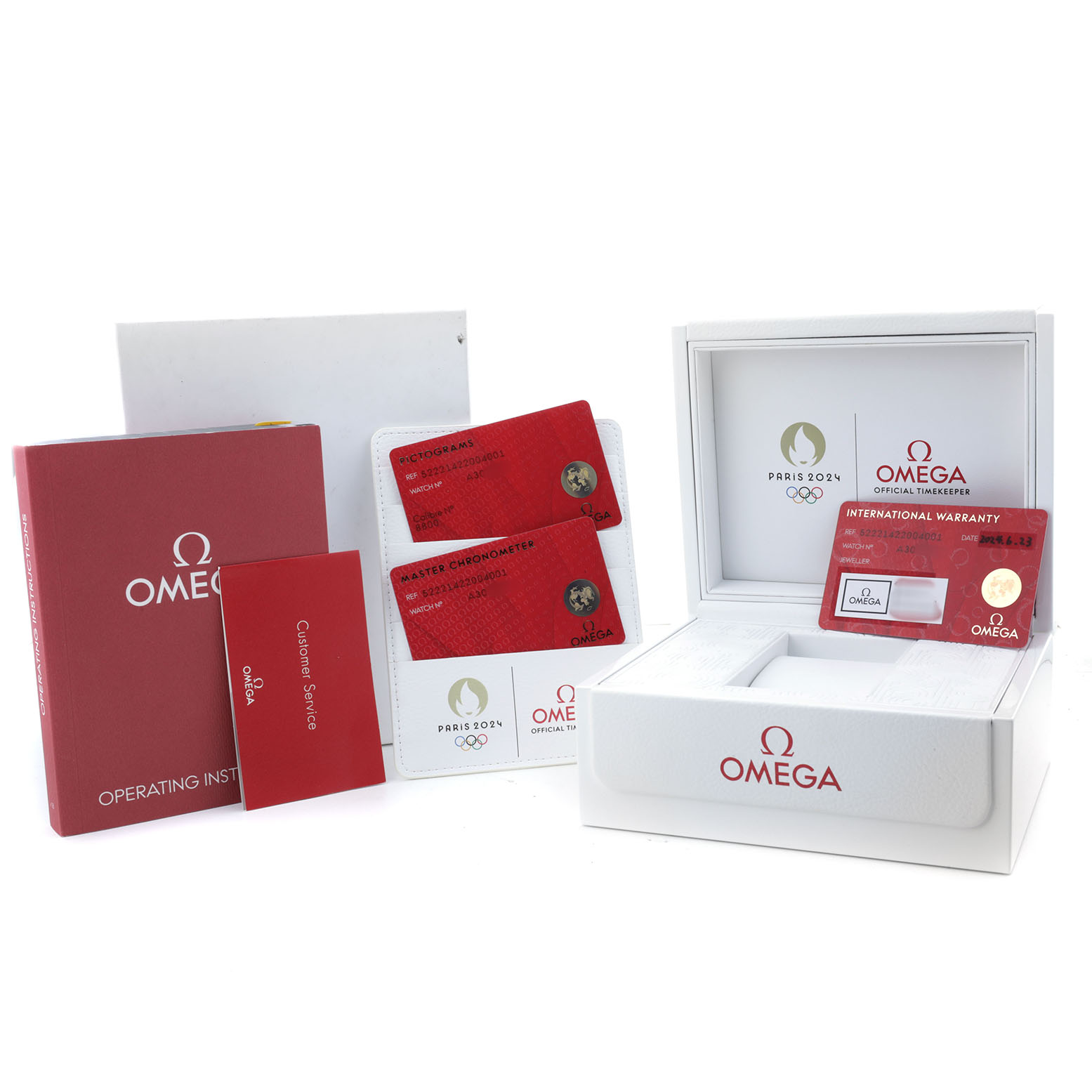 The image shows the Omega Seamaster 522.21.42.20.04.001 Men's Steel and Gold (two tone) White Dial watch packaging, warranty cards, manuals, and an empty box.
