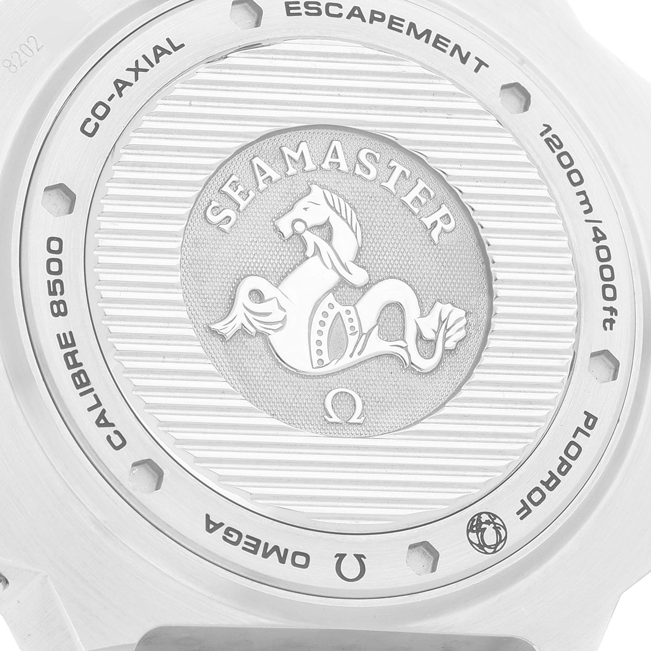 The image shows the back case of an Omega Seamaster Ploprof watch, highlighting the model details and engravings.