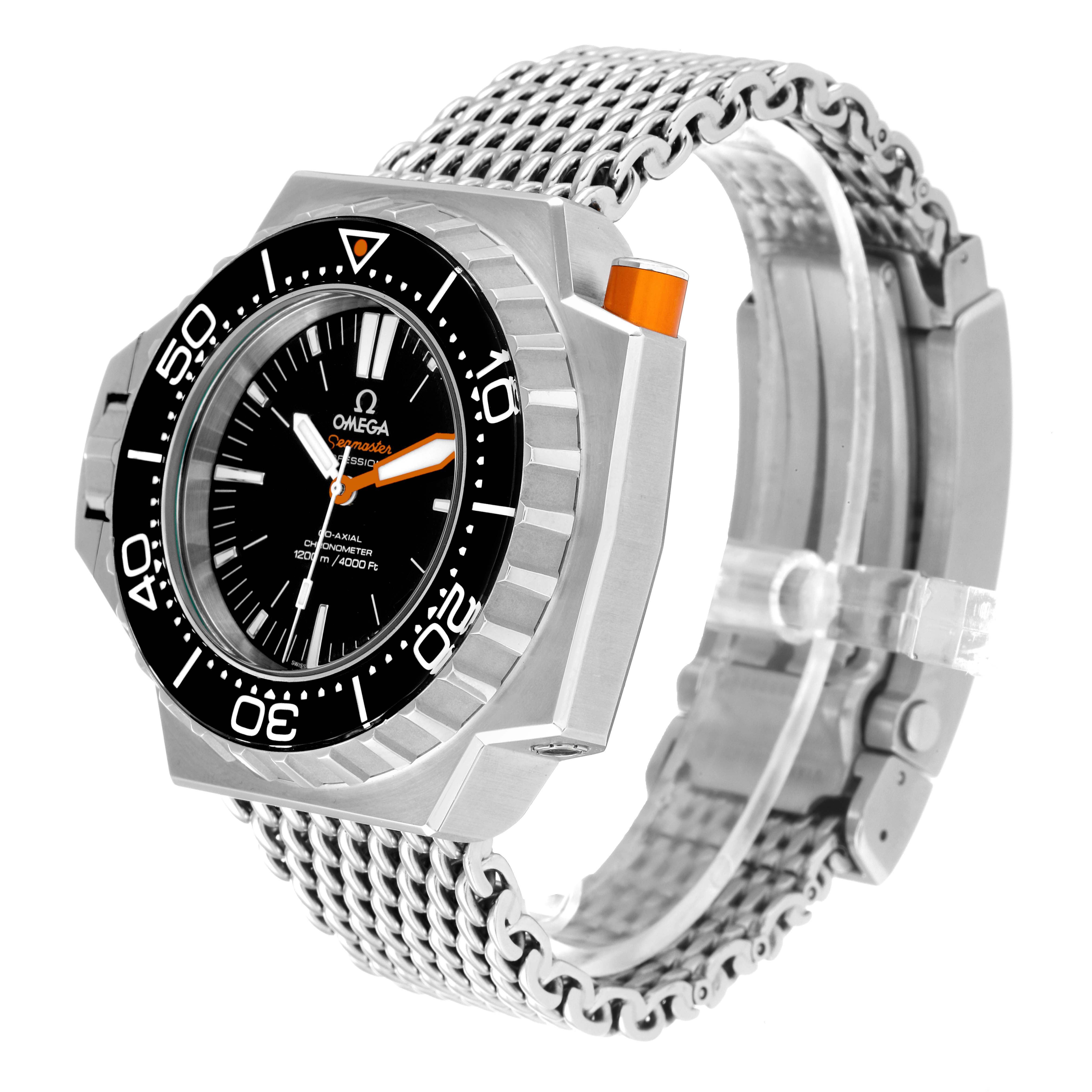 The Omega Ploprof 224.30.55.21.01.001 Men's Stainless Steel Black Dial 224.30.55.21.01.001 Men's Stainless Steel Black Dial watch is shown at a slight angle, displaying the dial, bezel, and a portion of the stainless steel bracelet.