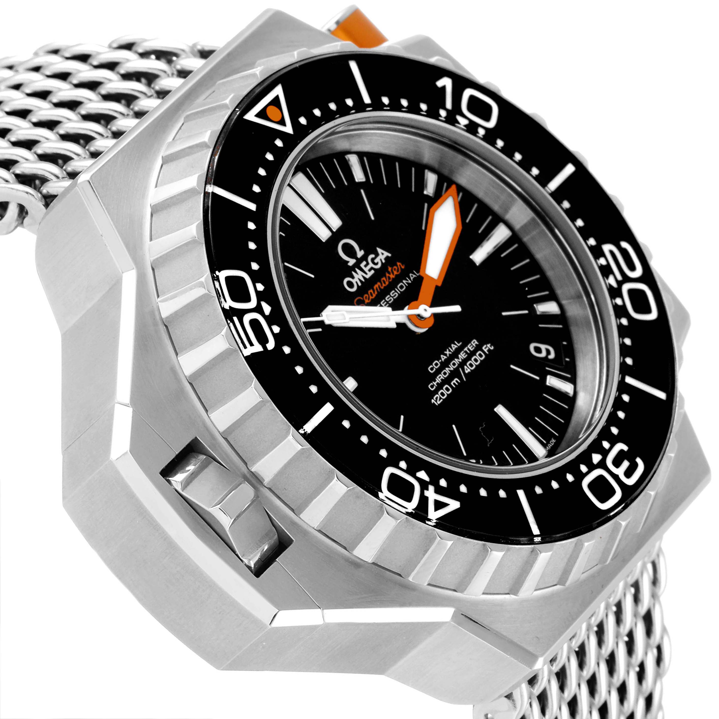 The image shows a side and front angle of an Omega Seamaster Ploprof watch, highlighting its bezel, dial, and mesh bracelet.