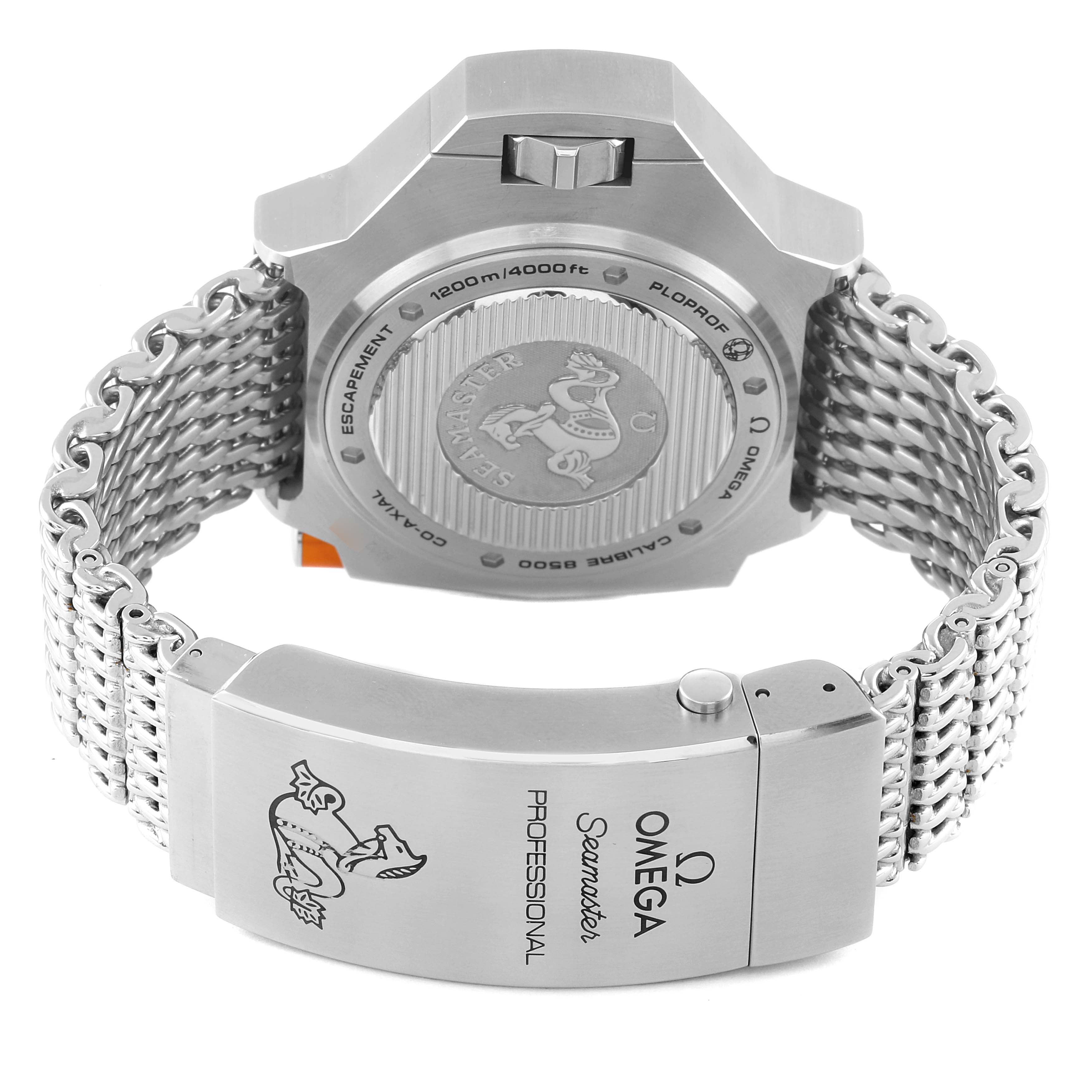 This image shows the back case and clasp of an Omega Ploprof 224.30.55.21.01.001 Men's Stainless Steel Black Dial 224.30.55.21.01.001 Men's Stainless Steel Black Dial Seamaster Professional watch.