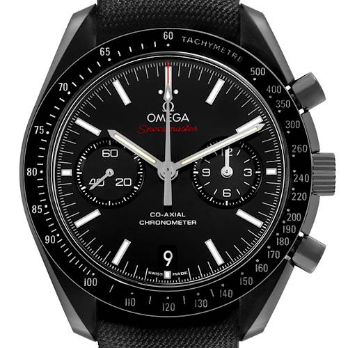The Omega Speedmaster 311.92.44.51.01.007 Men's Ceramic Black Dial watch is shown from a frontal angle, highlighting the black dial, subdials, tachymeter bezel, and chronograph pushers.