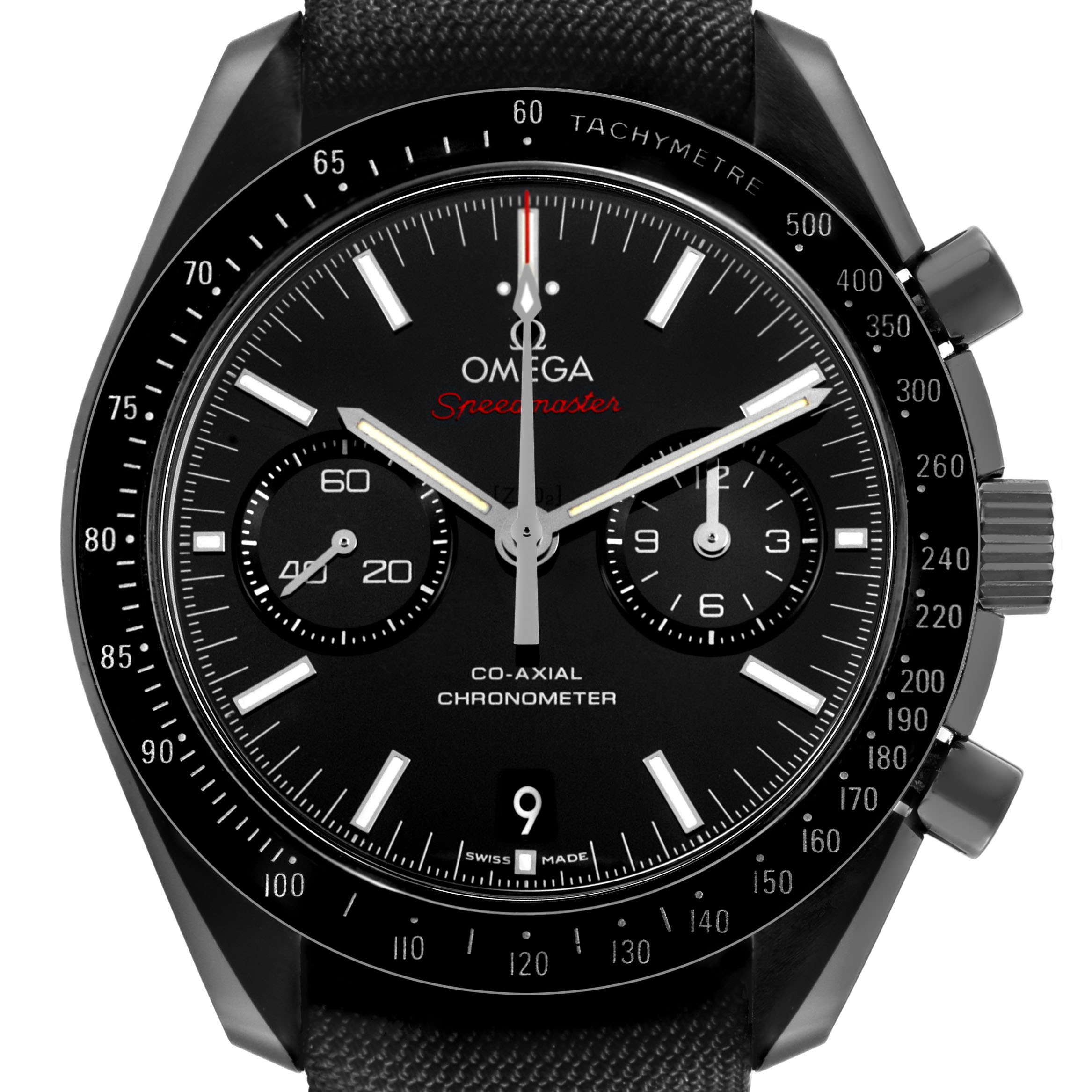 The Omega Speedmaster 311.92.44.51.01.007 Men's Ceramic Black Dial is shown in a close-up, front-facing angle, highlighting the dial, bezel, subdials, and crowns.