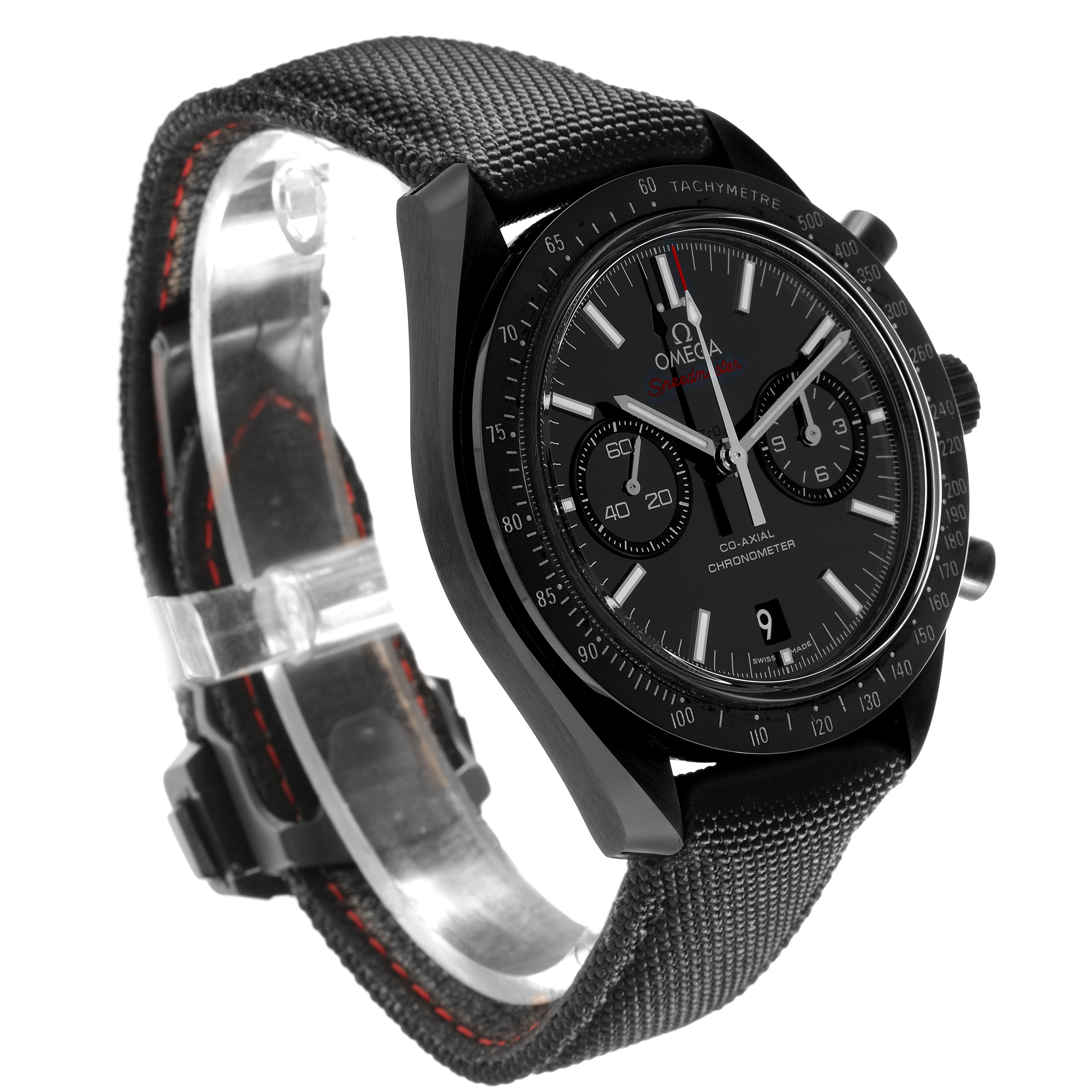The Omega Speedmaster 311.92.44.51.01.007 Men's Ceramic Black Dial watch is shown at a slight angle from the front-left, displaying the dial, bezel, and strap.