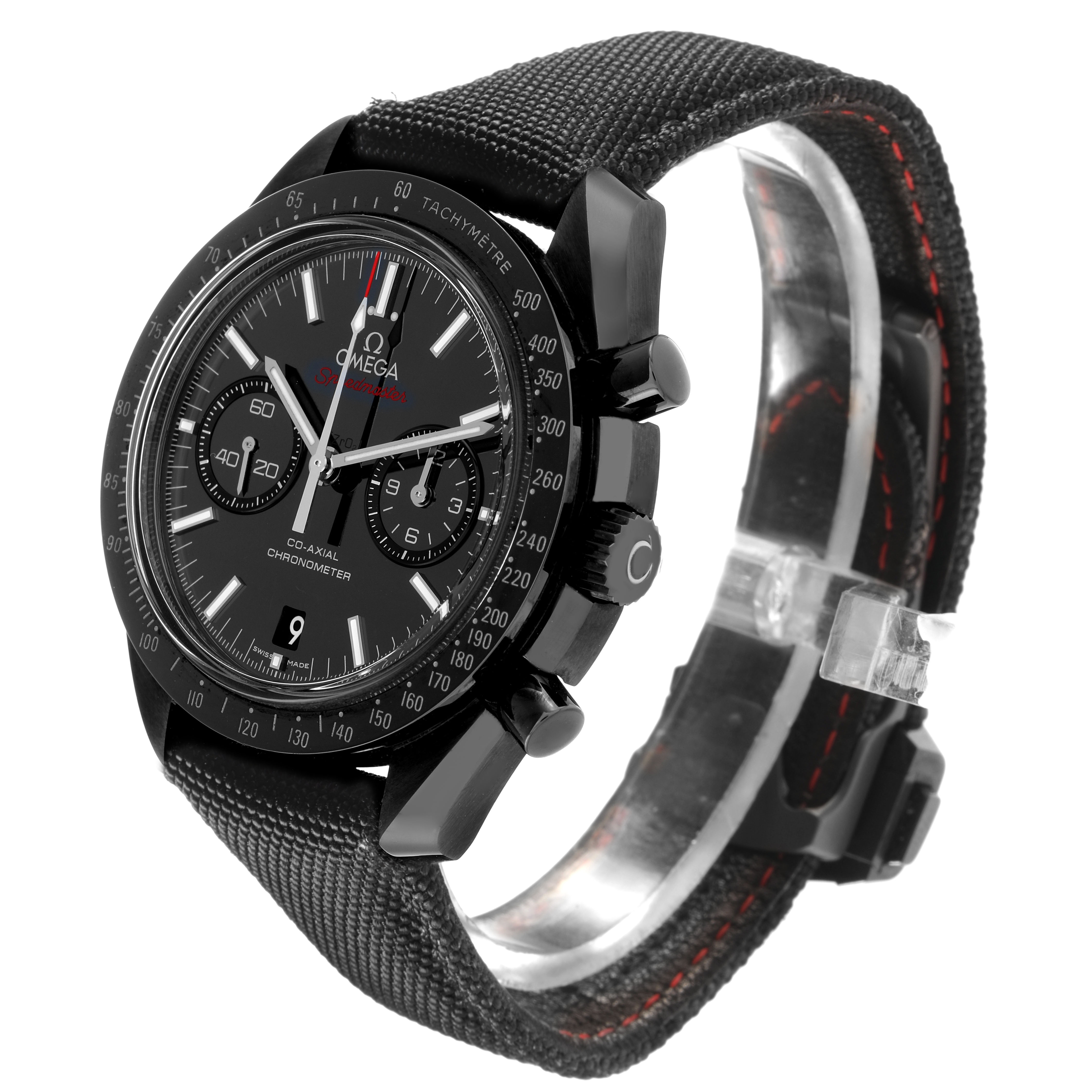 The Omega Speedmaster 311.92.44.51.01.007 Men's Ceramic Black Dial watch is shown at an angled side view, highlighting the dial, bezel, and fabric strap.
