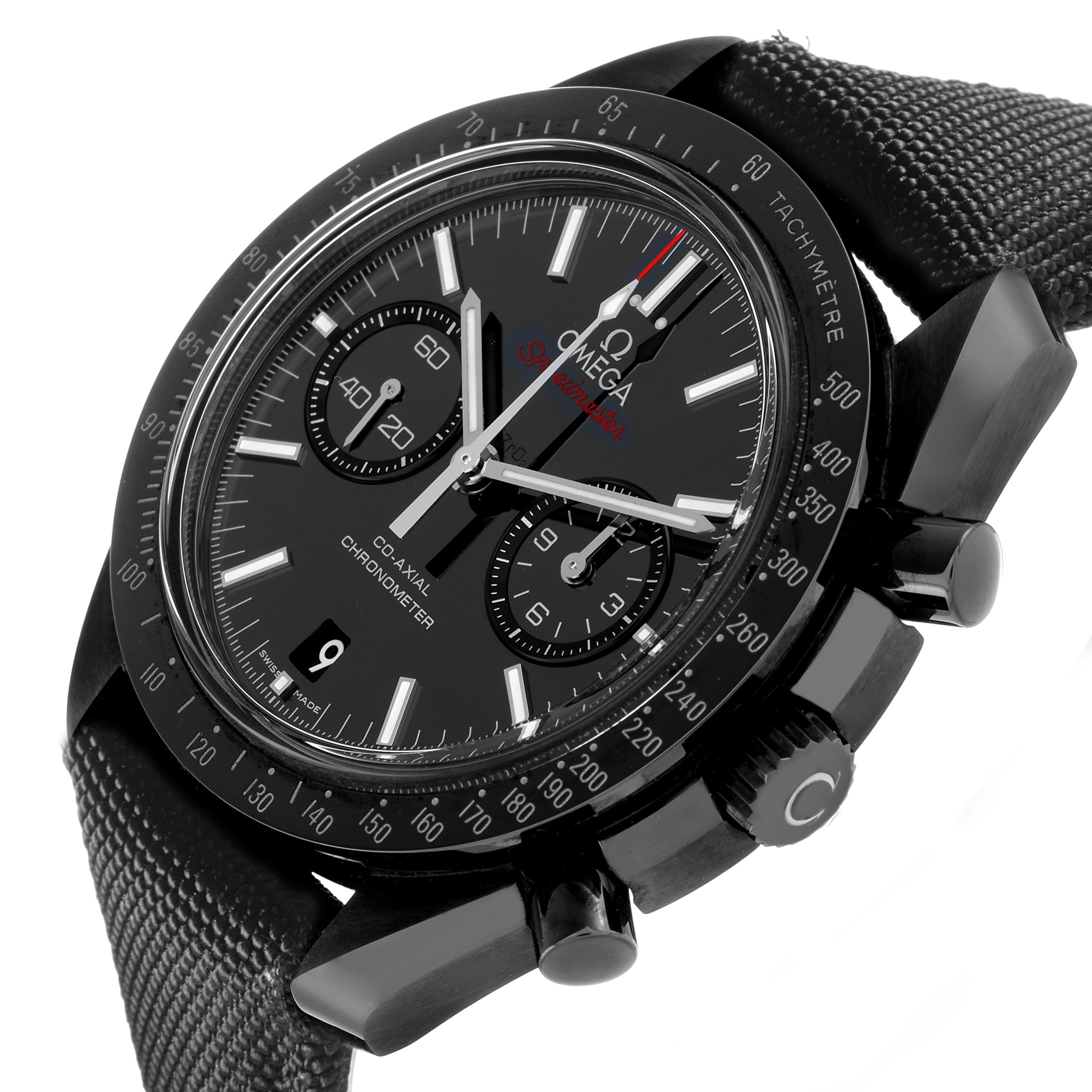 The Omega Speedmaster 311.92.44.51.01.007 Men's Ceramic Black Dial watch is shown at a tilted angle, highlighting the face, bezel, crown, and strap attachment.