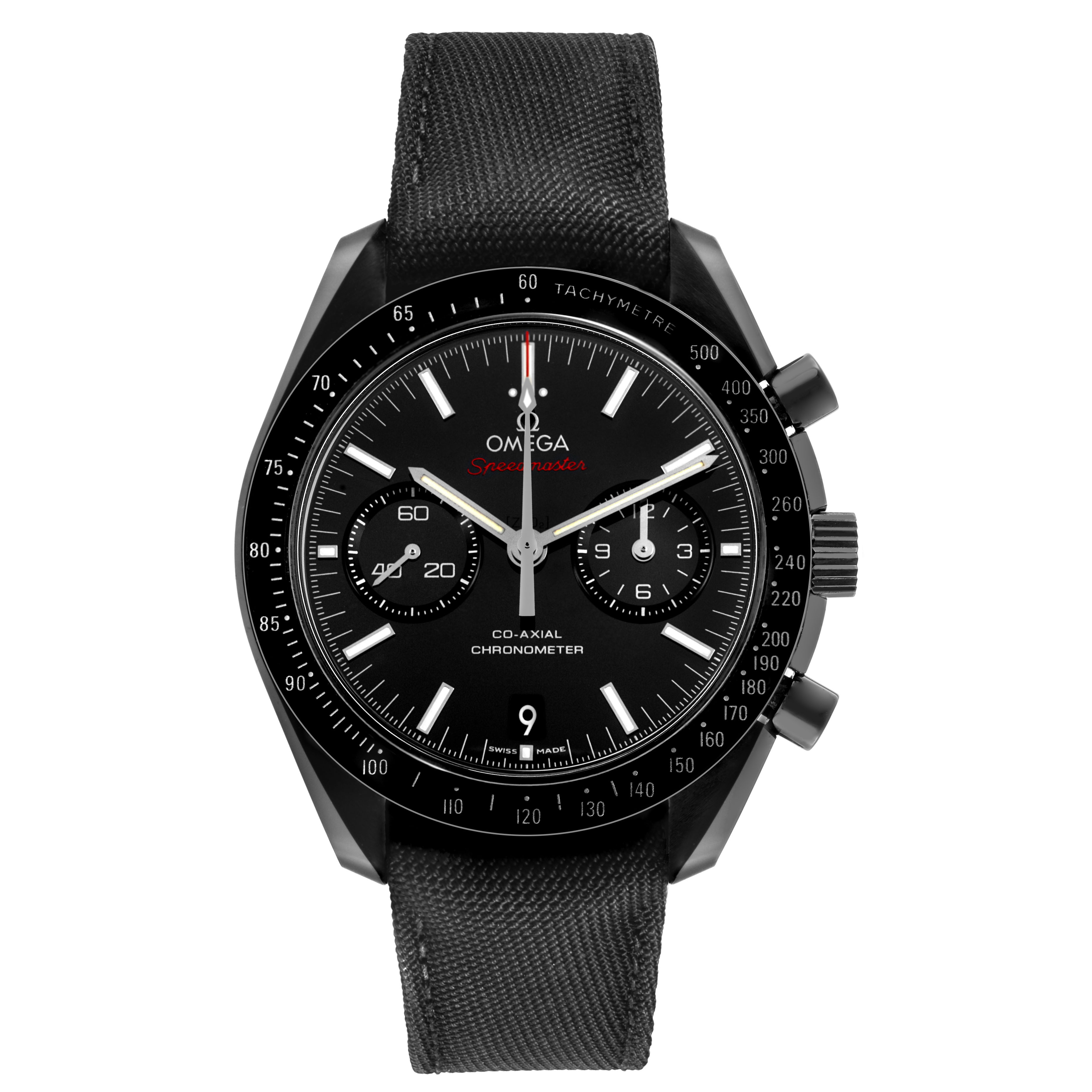 The Omega Speedmaster 311.92.44.51.01.007 Men's Ceramic Black Dial watch is shown from a front angle, displaying the dial, bezel, pushers, and strap.