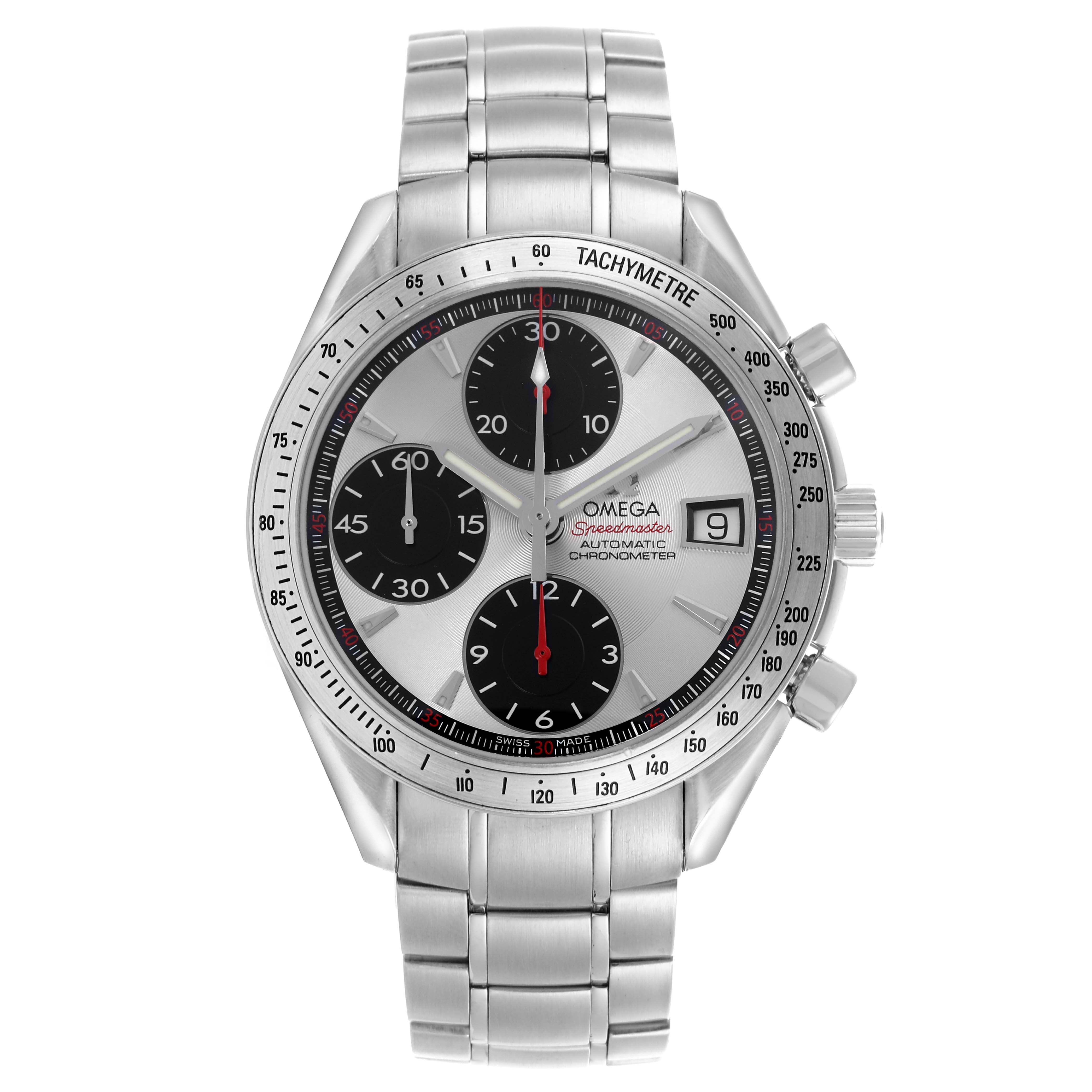 The Omega Speedmaster 3211.31.00 Men
s Stainless Steel Silver Dial 3211.31.00 Men
s Stainless Steel Silver Dial watch is shown from a front view, displaying its dial, bezel, and bracelet.